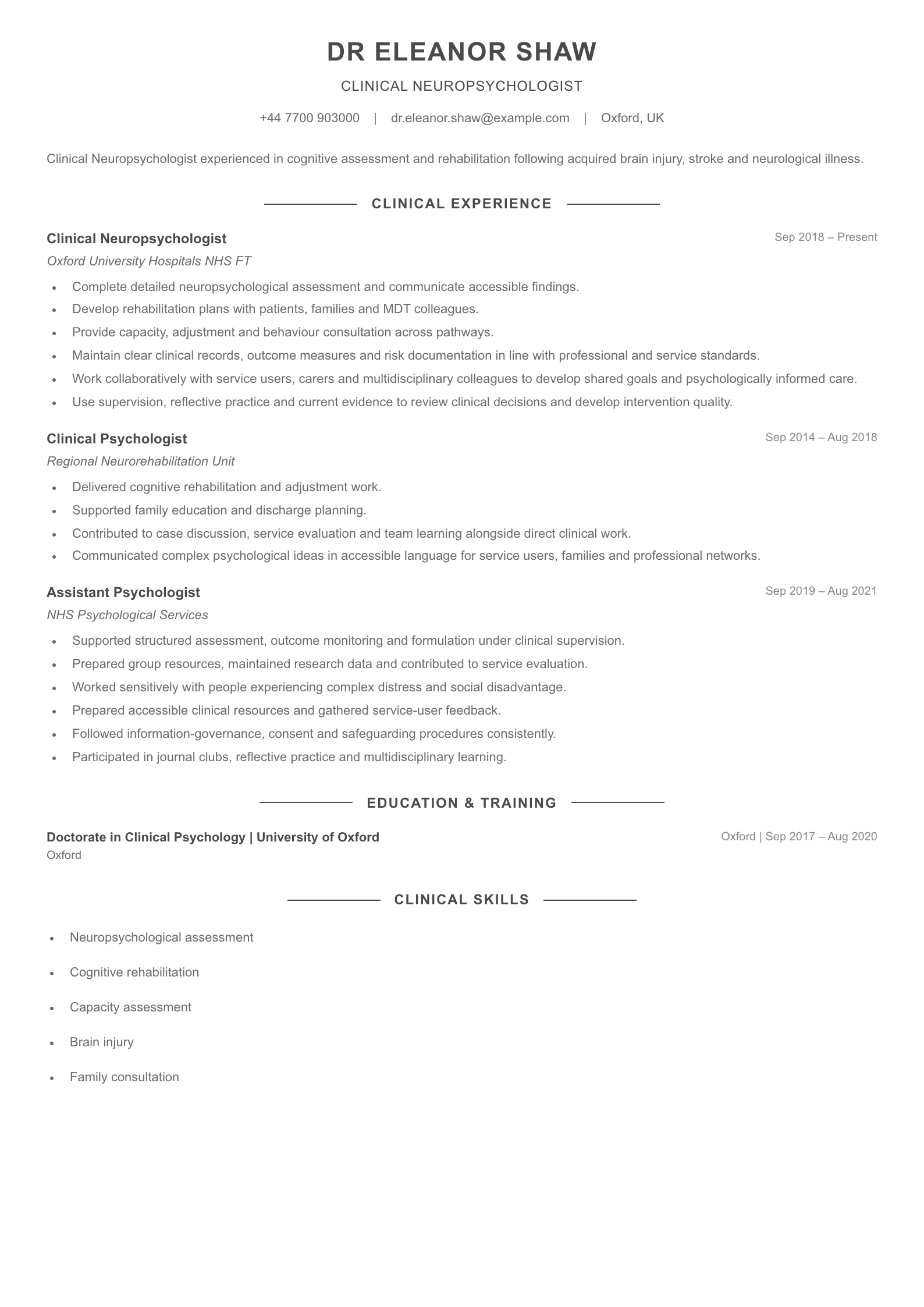 Clinical Neuropsychologist CV template