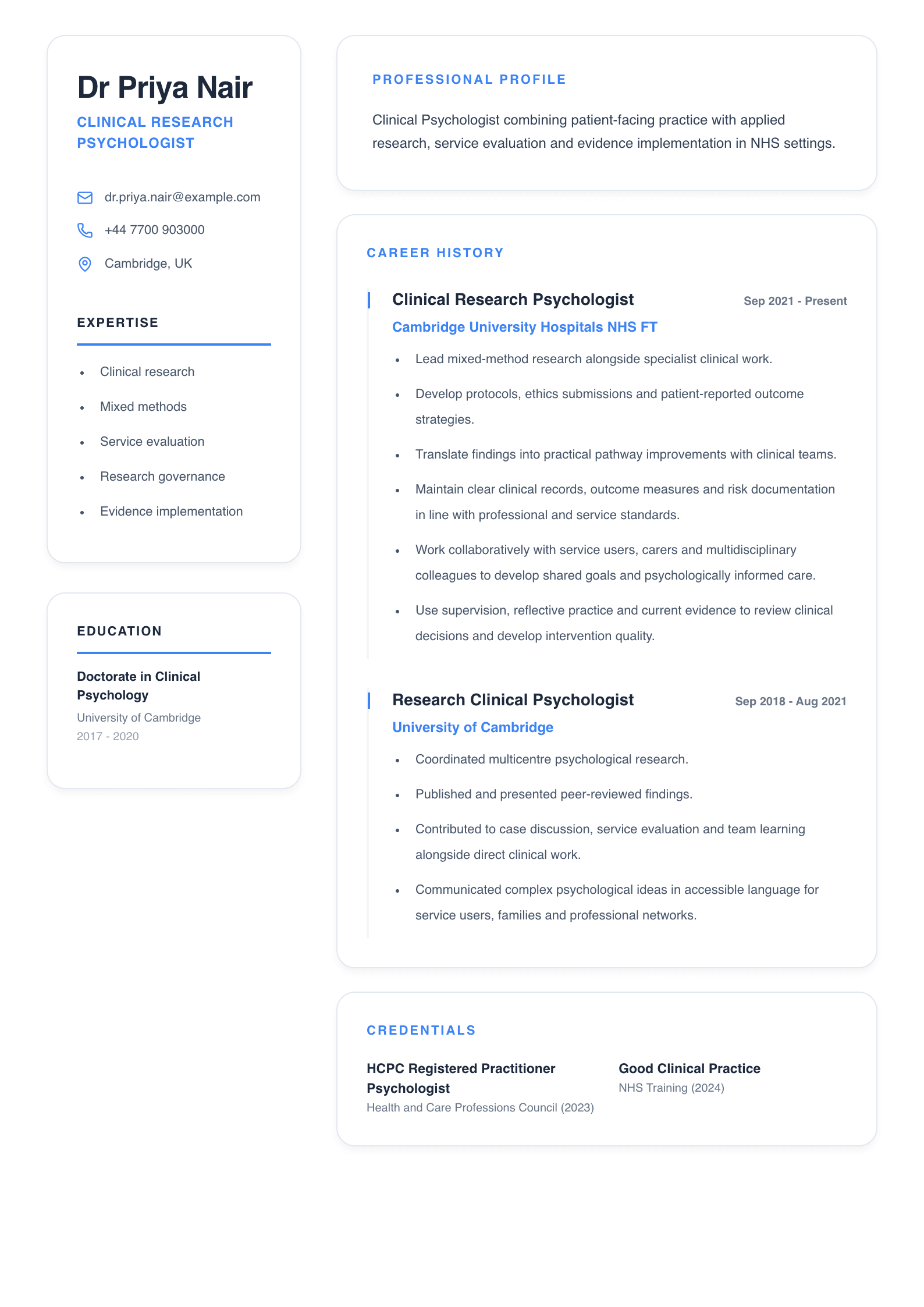 Clinical Research Psychologist CV template