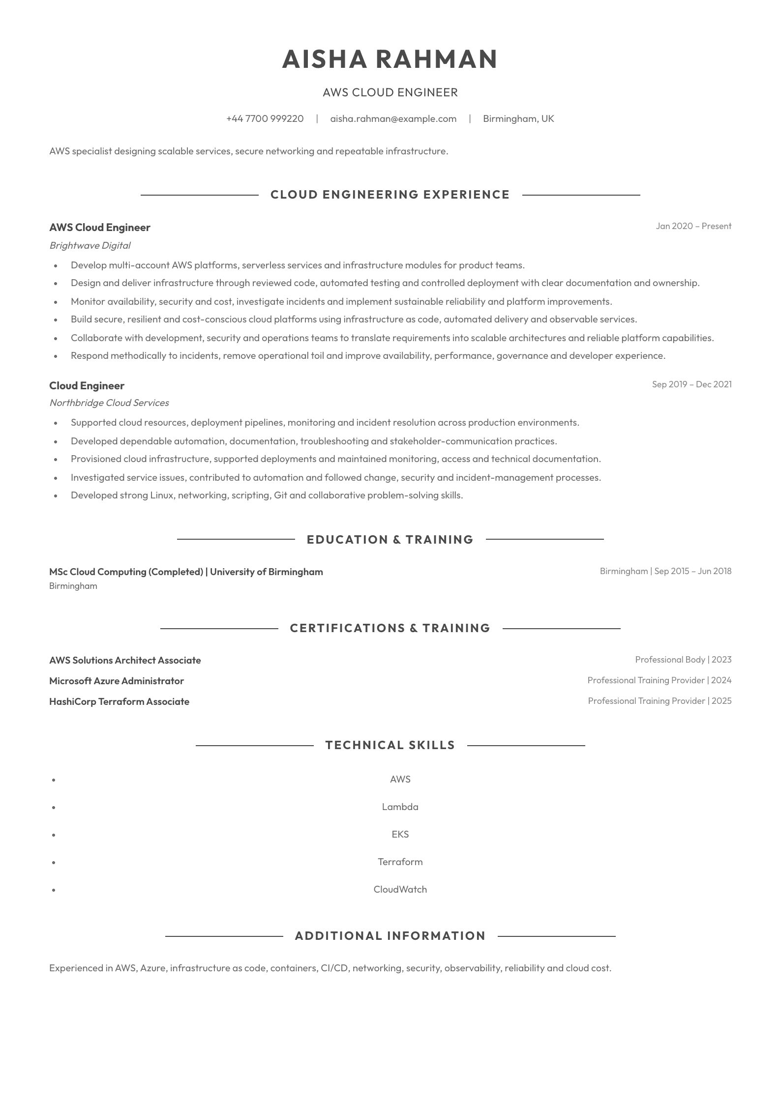 AWS Cloud Engineer CV template