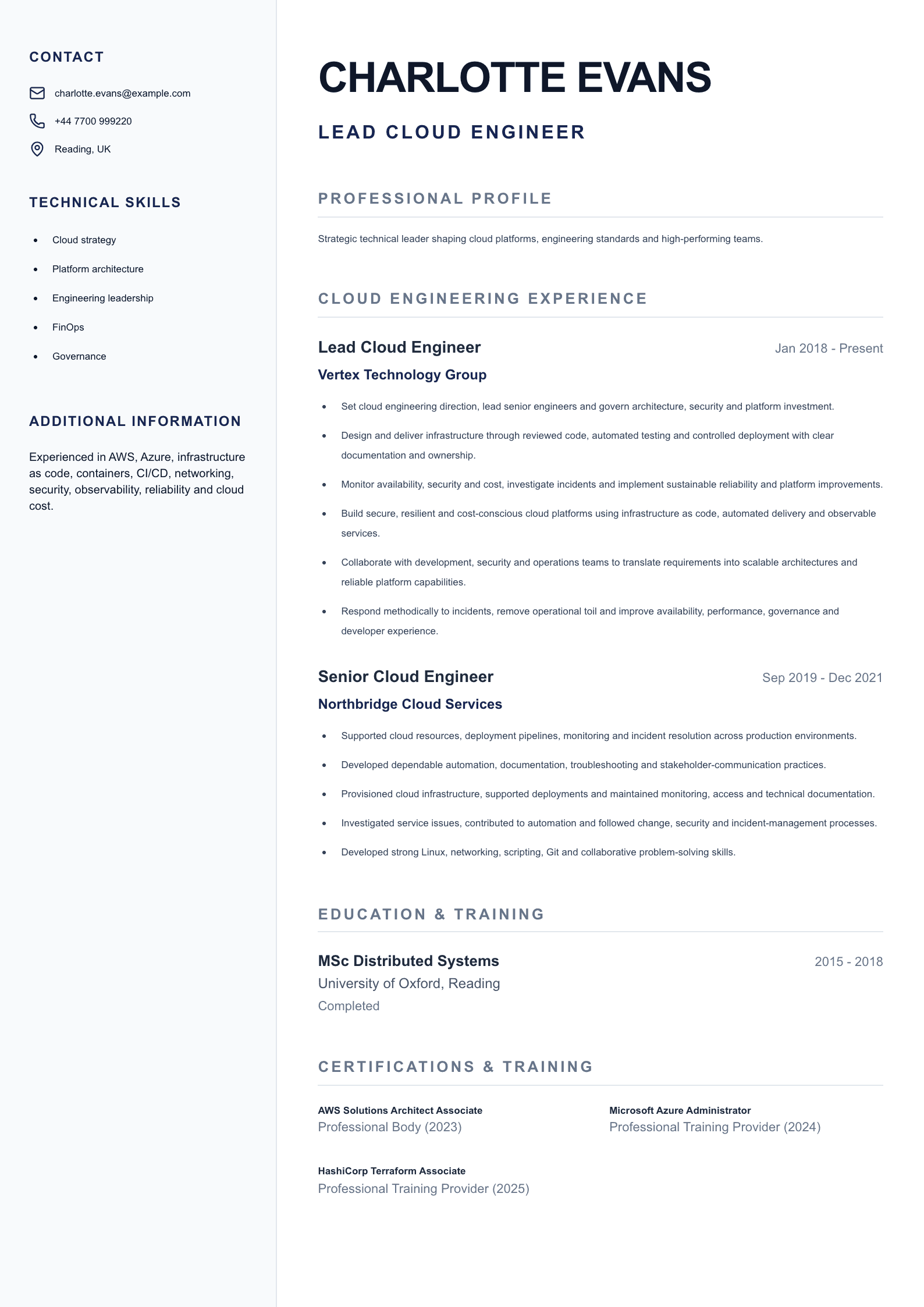 Lead Cloud Engineer CV template