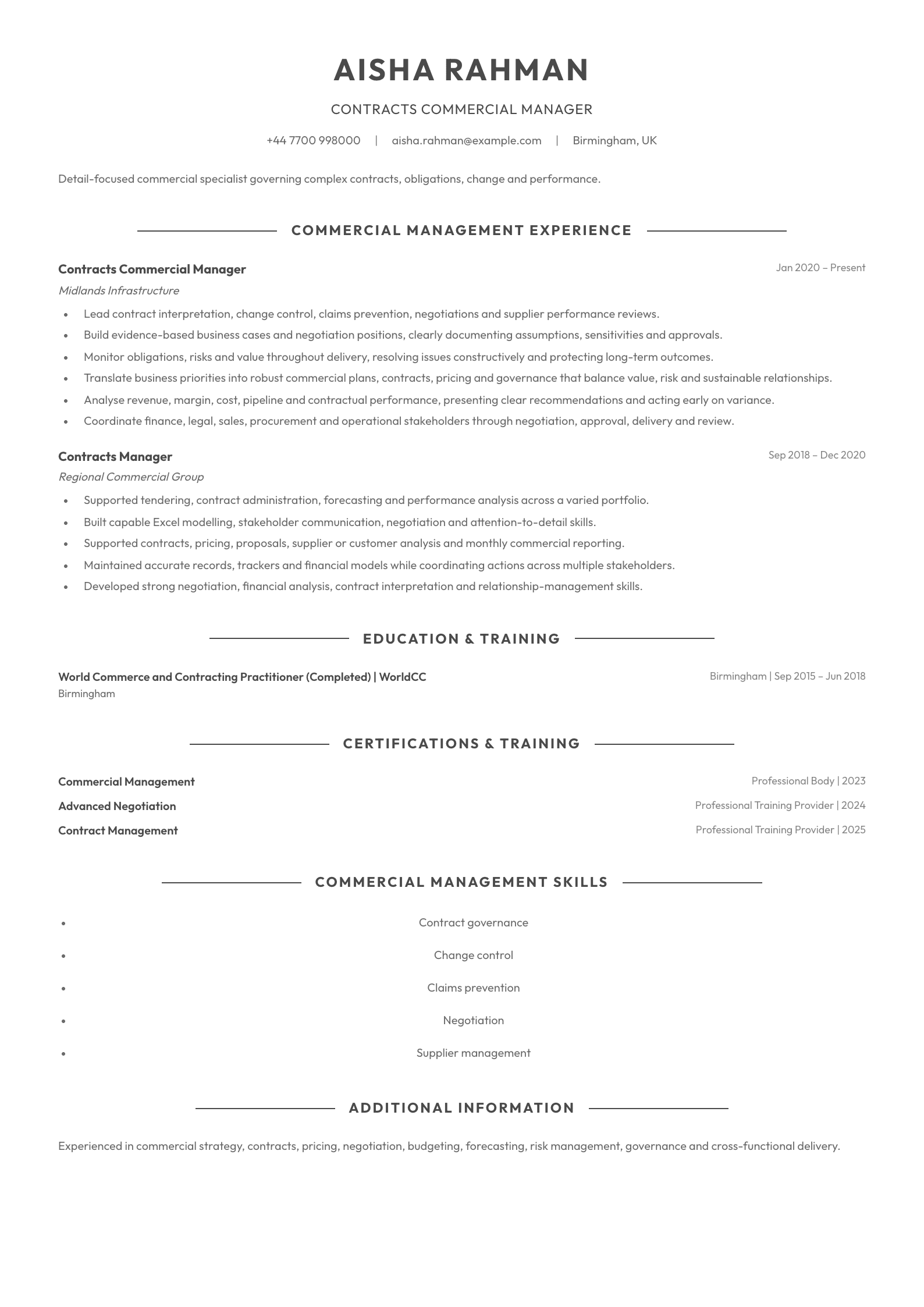 Contracts Commercial Manager CV template