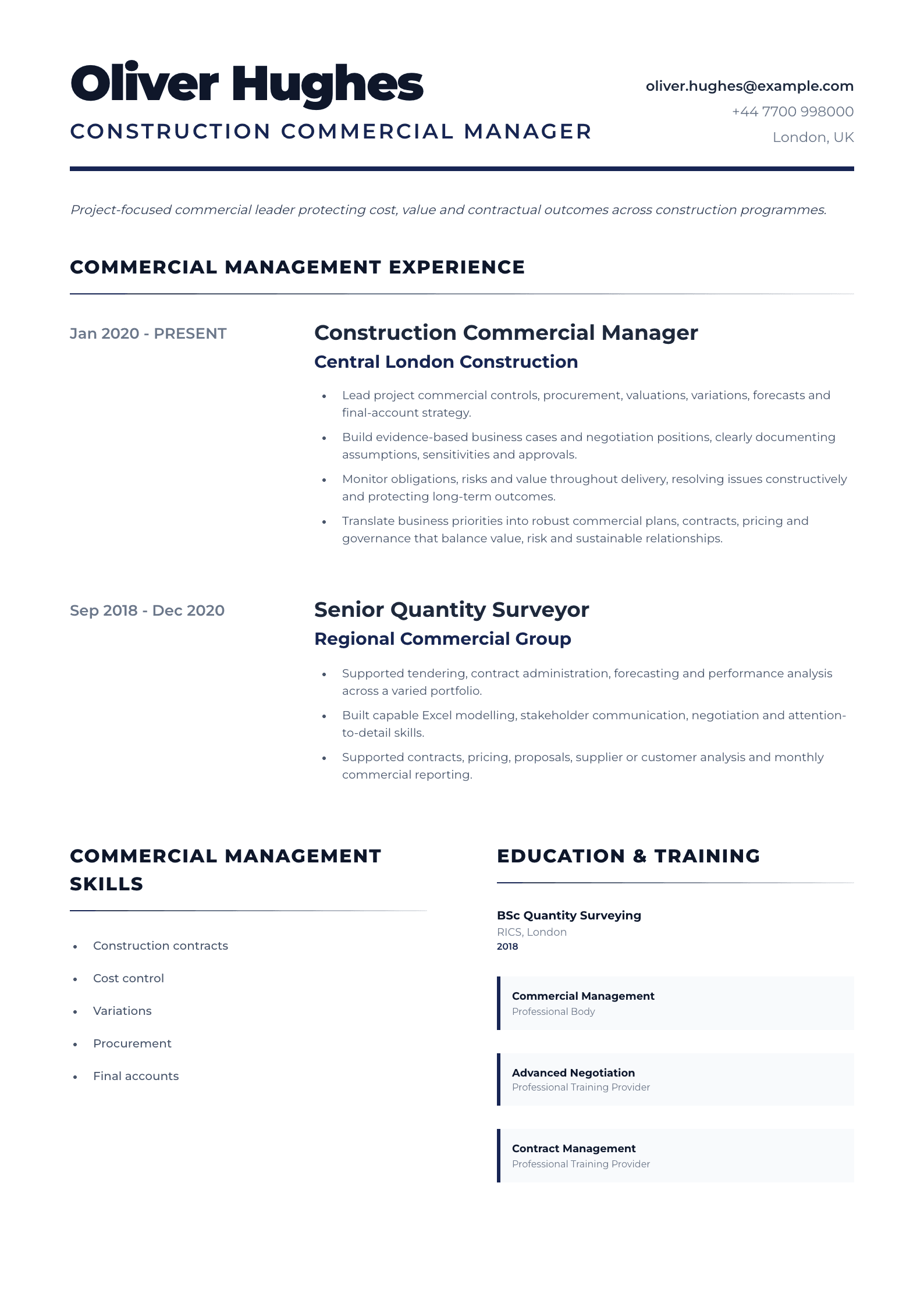 Construction Commercial Manager CV template