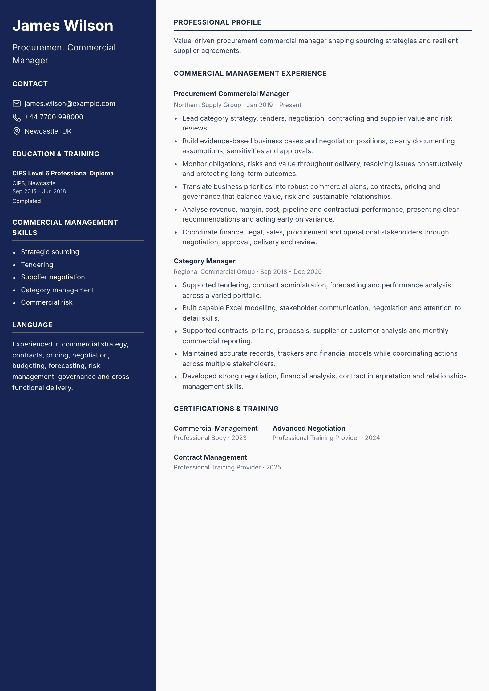 Procurement Commercial Manager CV template