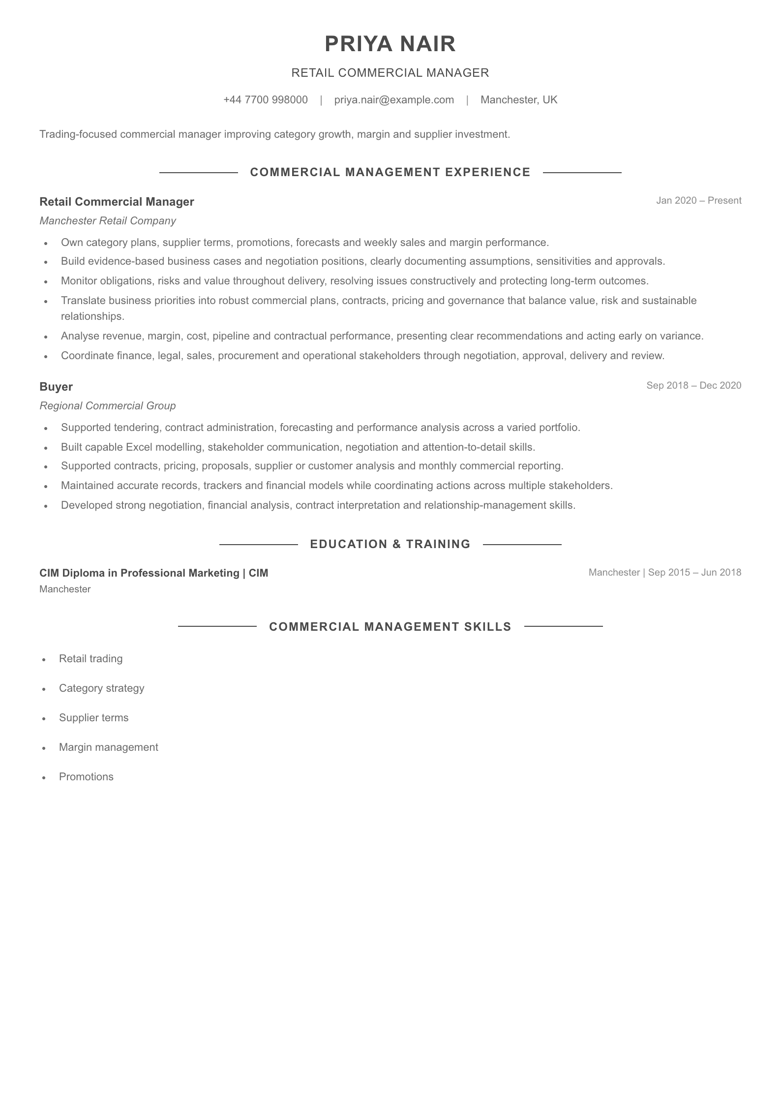 Retail Commercial Manager CV template