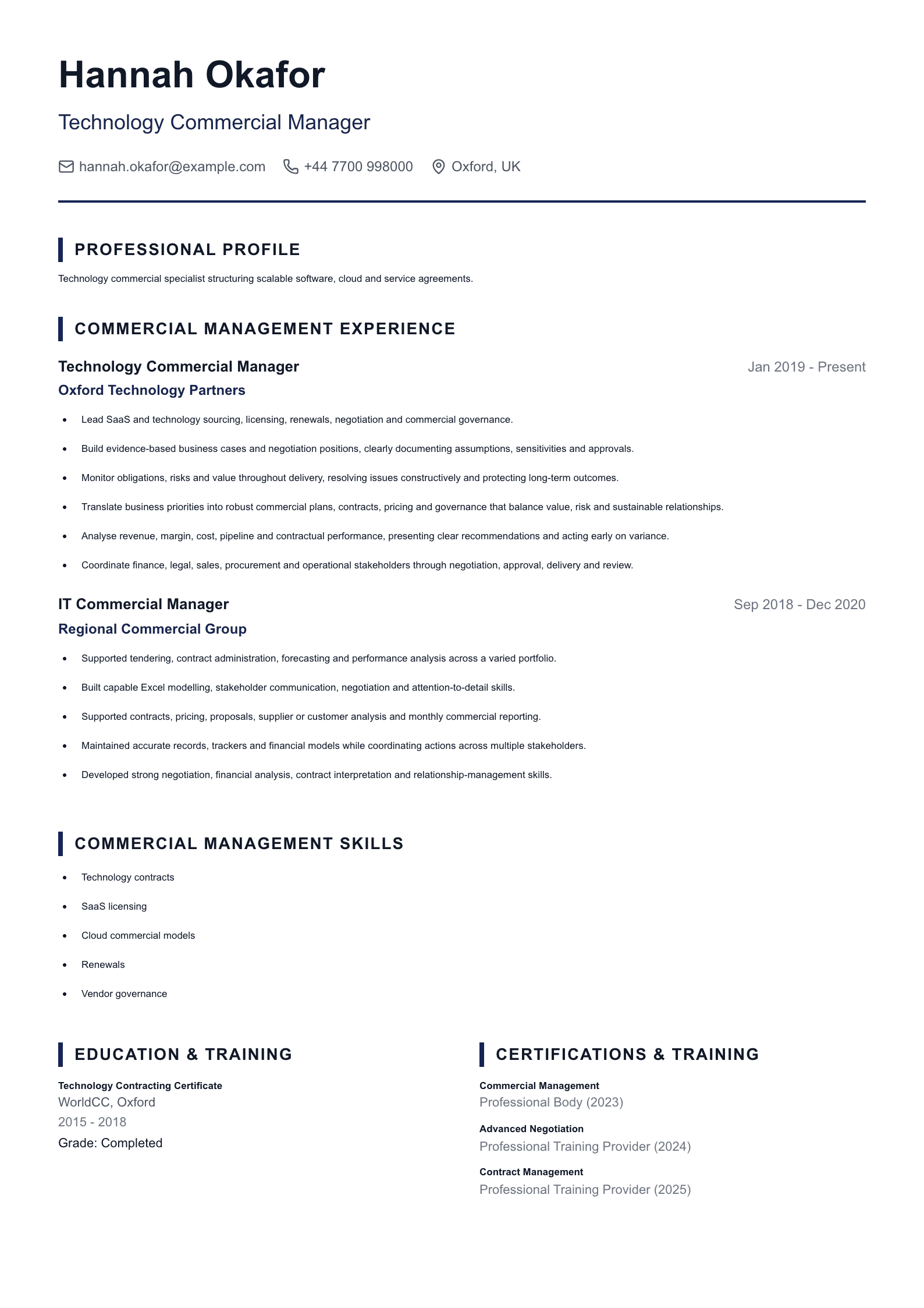 Technology Commercial Manager CV template
