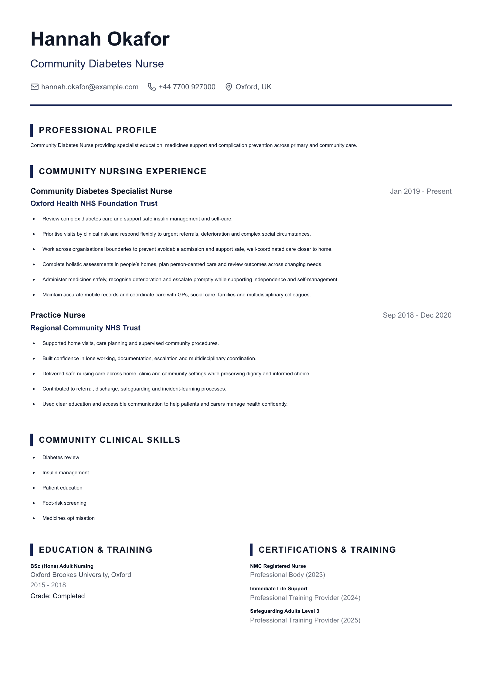 Community Diabetes Nurse CV template