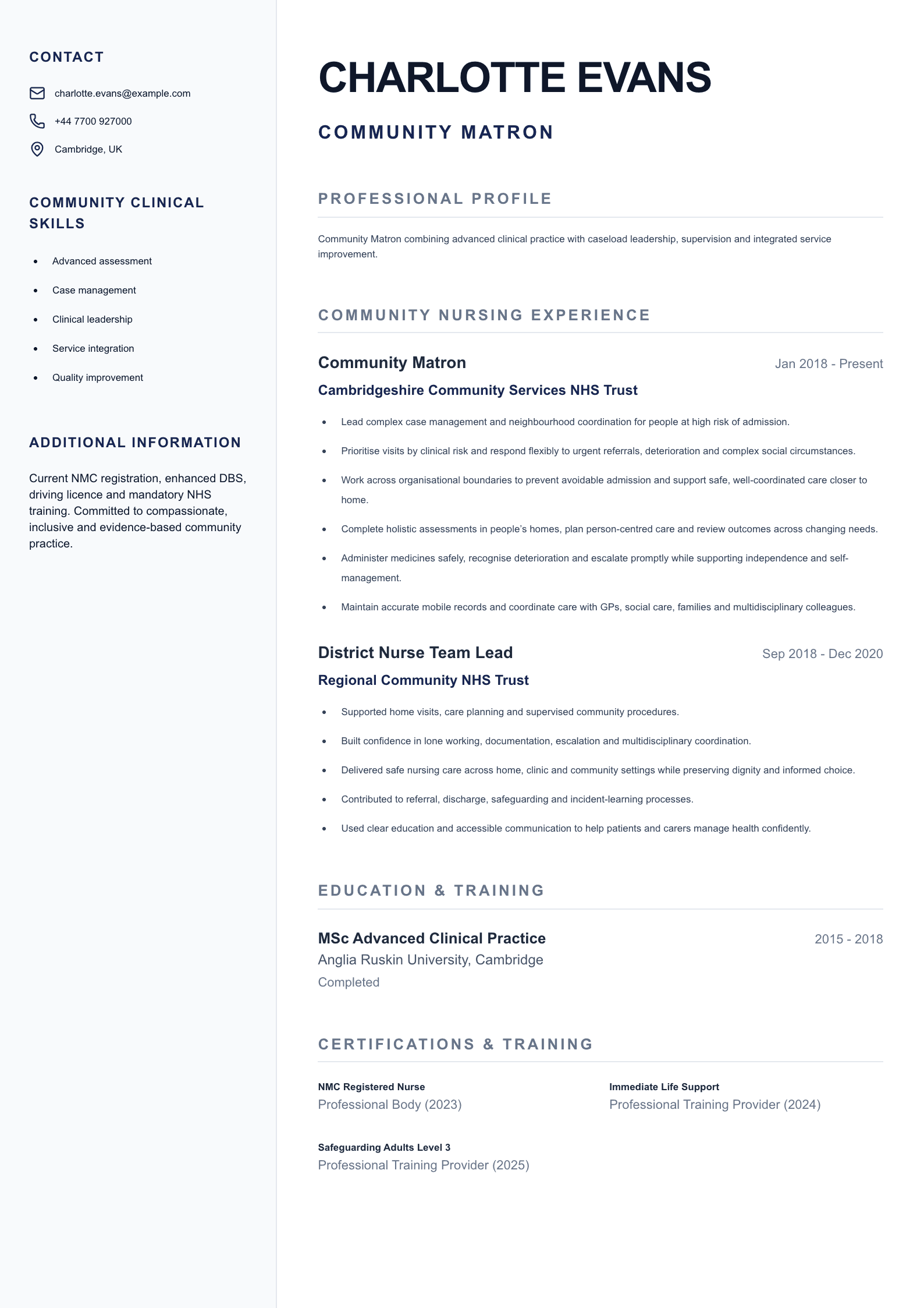 Community Matron CV template