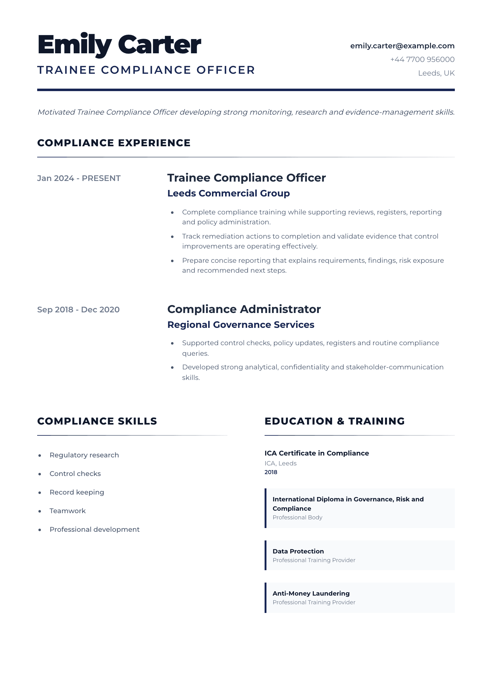 Trainee Compliance Officer CV template