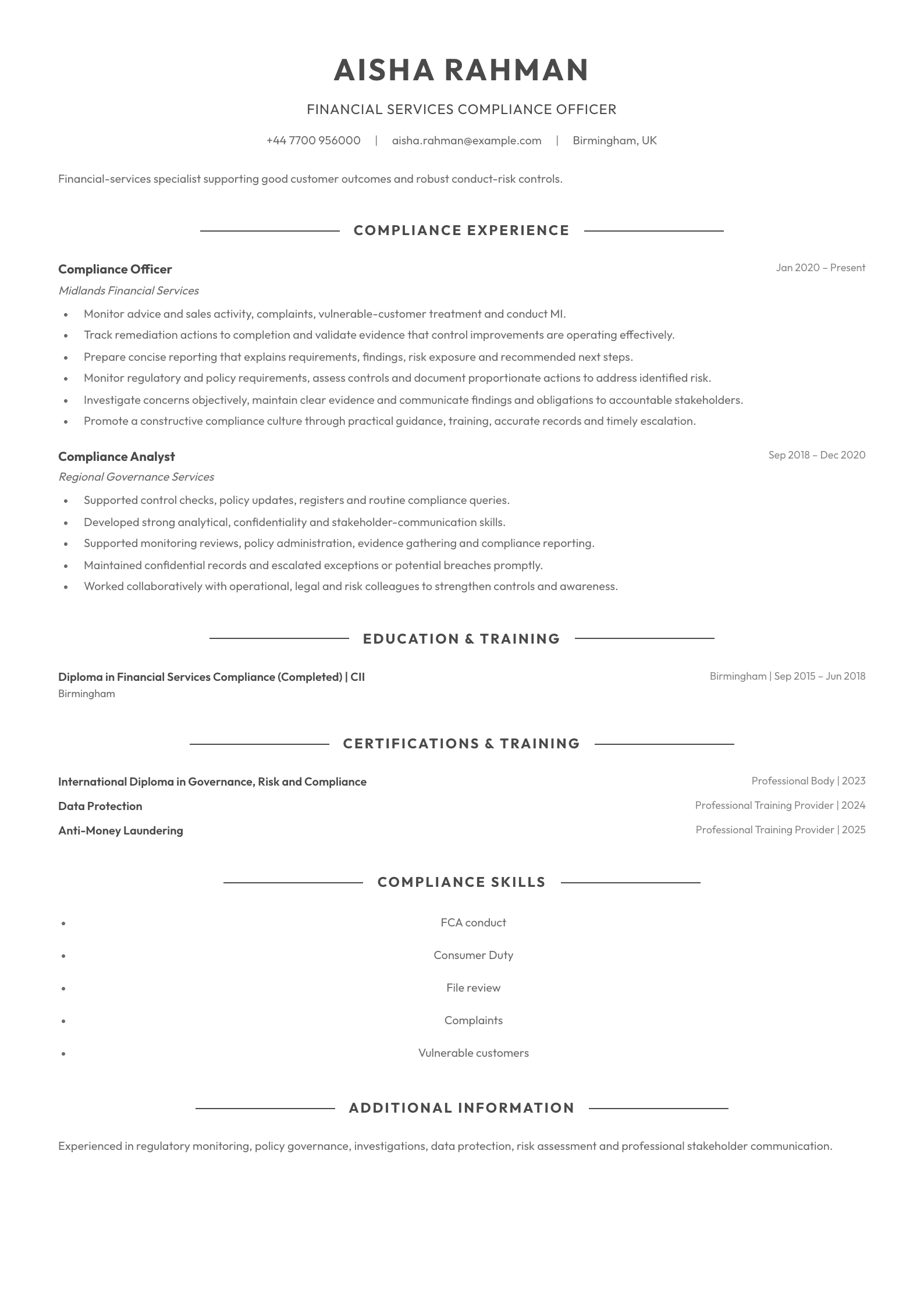 Financial Services Compliance Officer CV template
