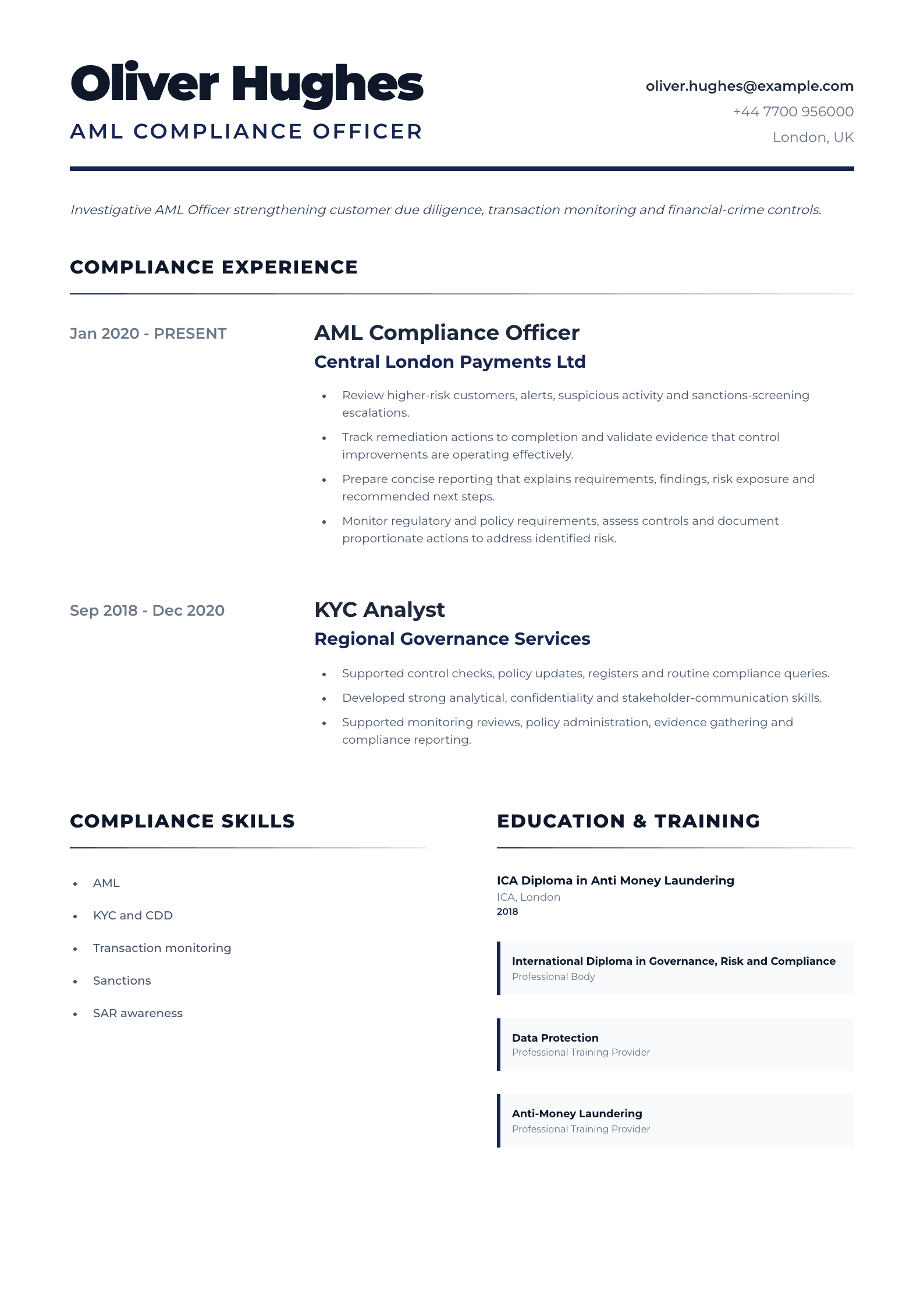 AML Compliance Officer CV template