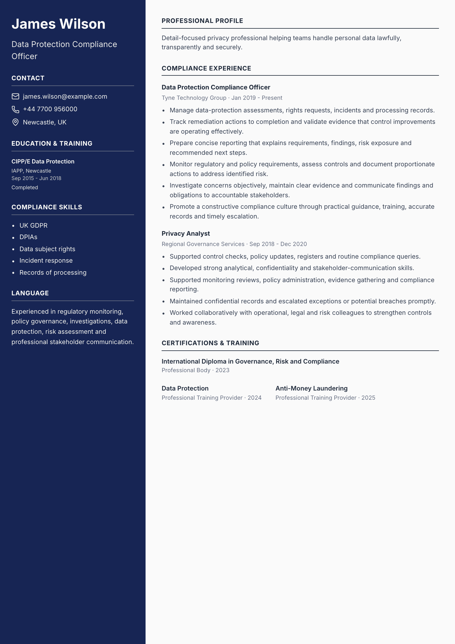 Data Protection Compliance Officer CV template