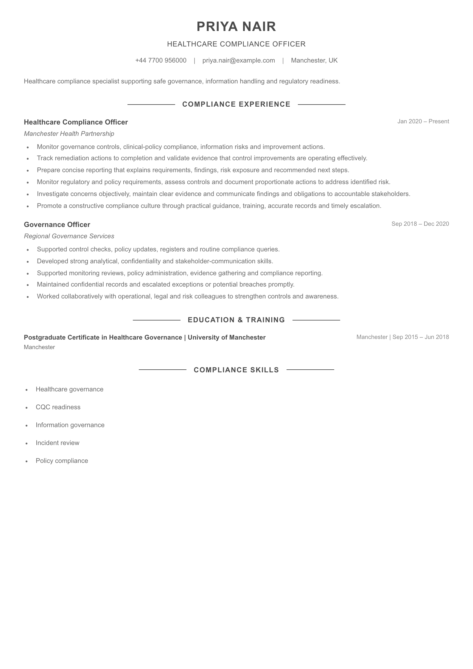 Healthcare Compliance Officer CV template