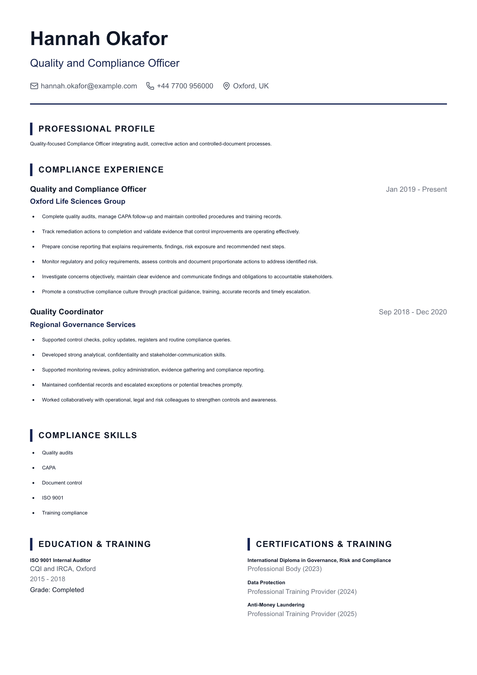 Quality and Compliance Officer CV template