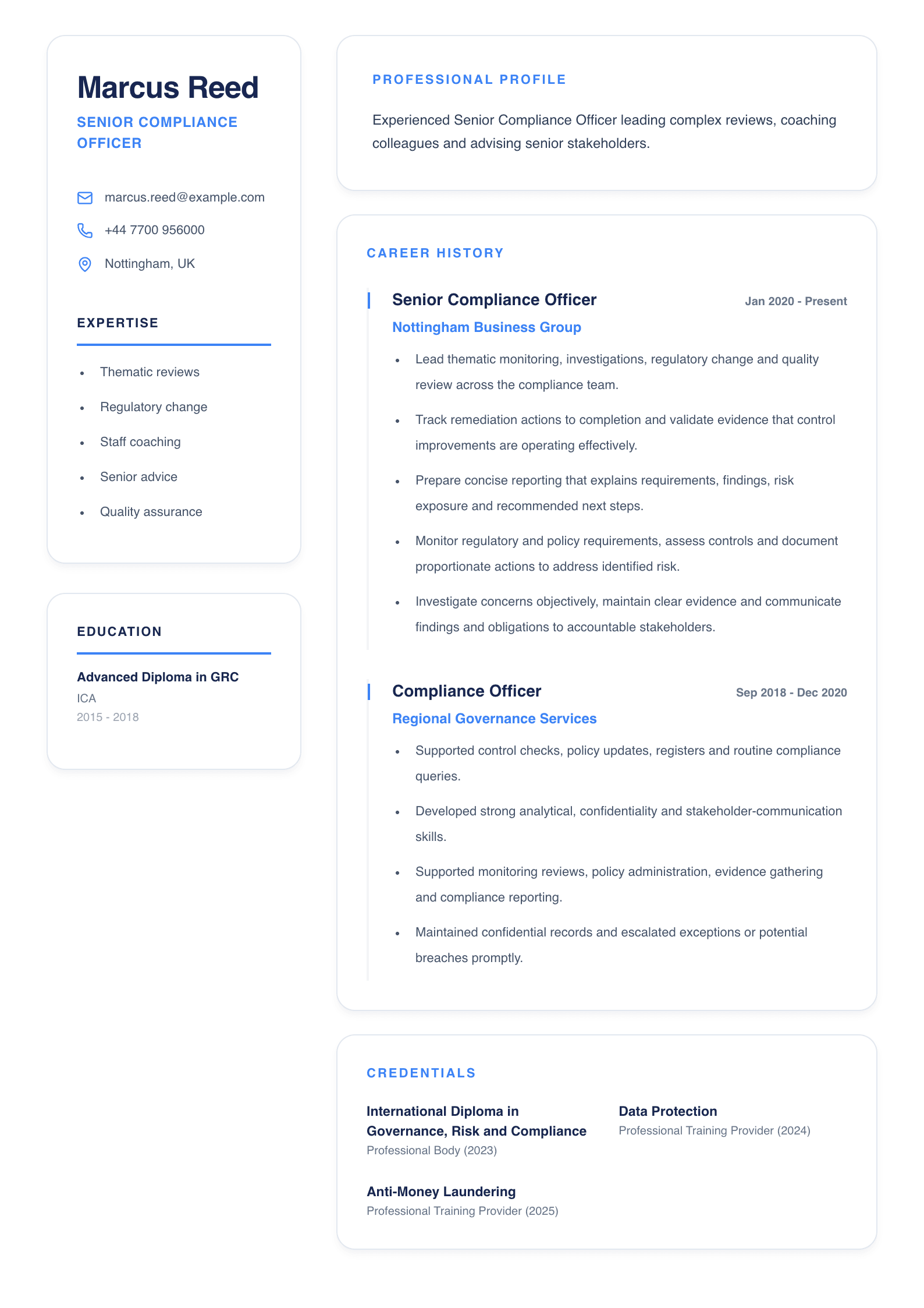 Senior Compliance Officer CV template