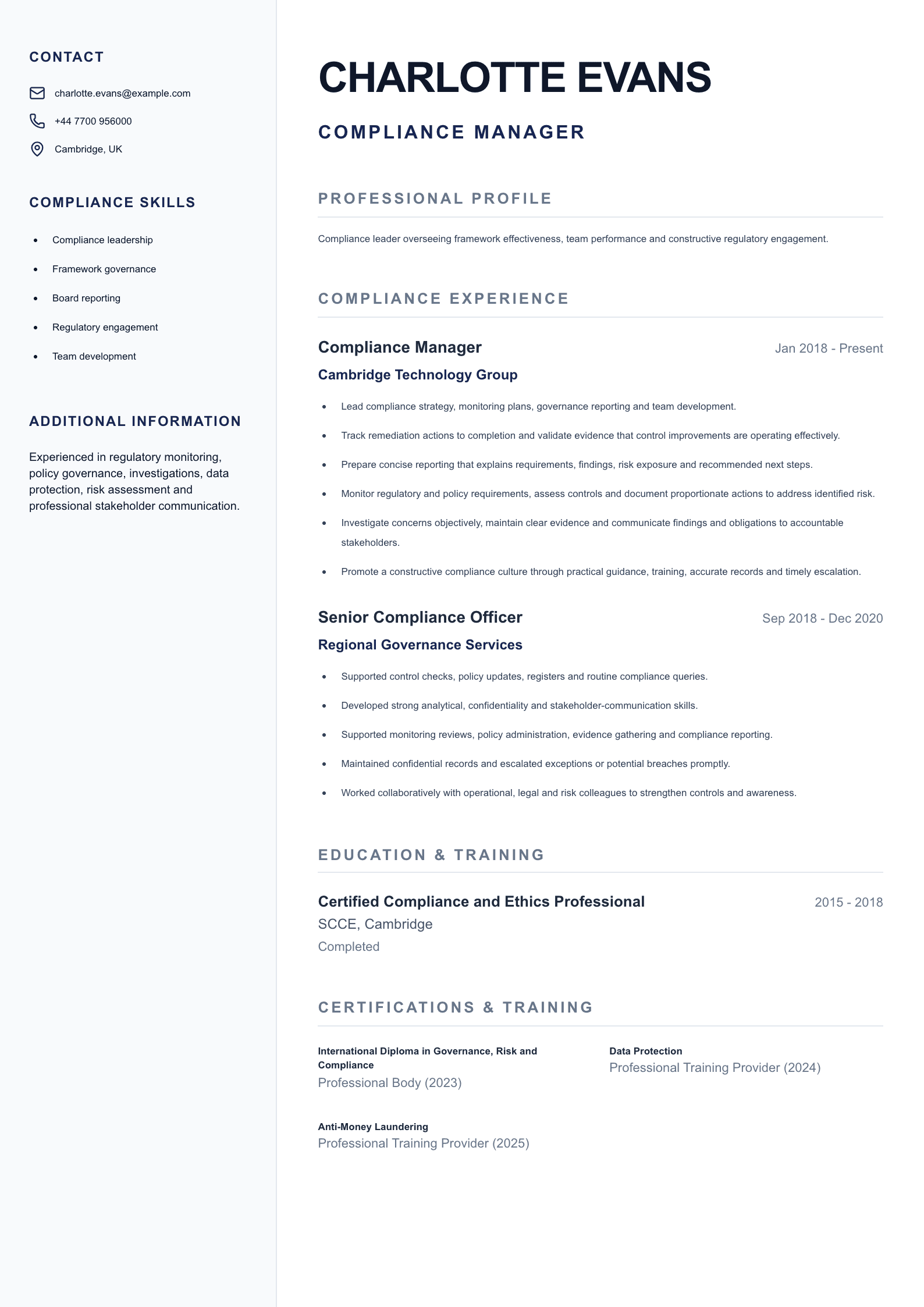 Compliance Manager CV template