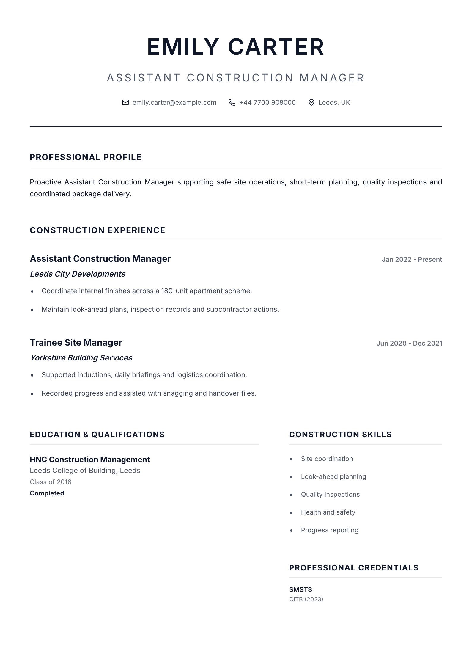 Assistant Construction Manager CV template