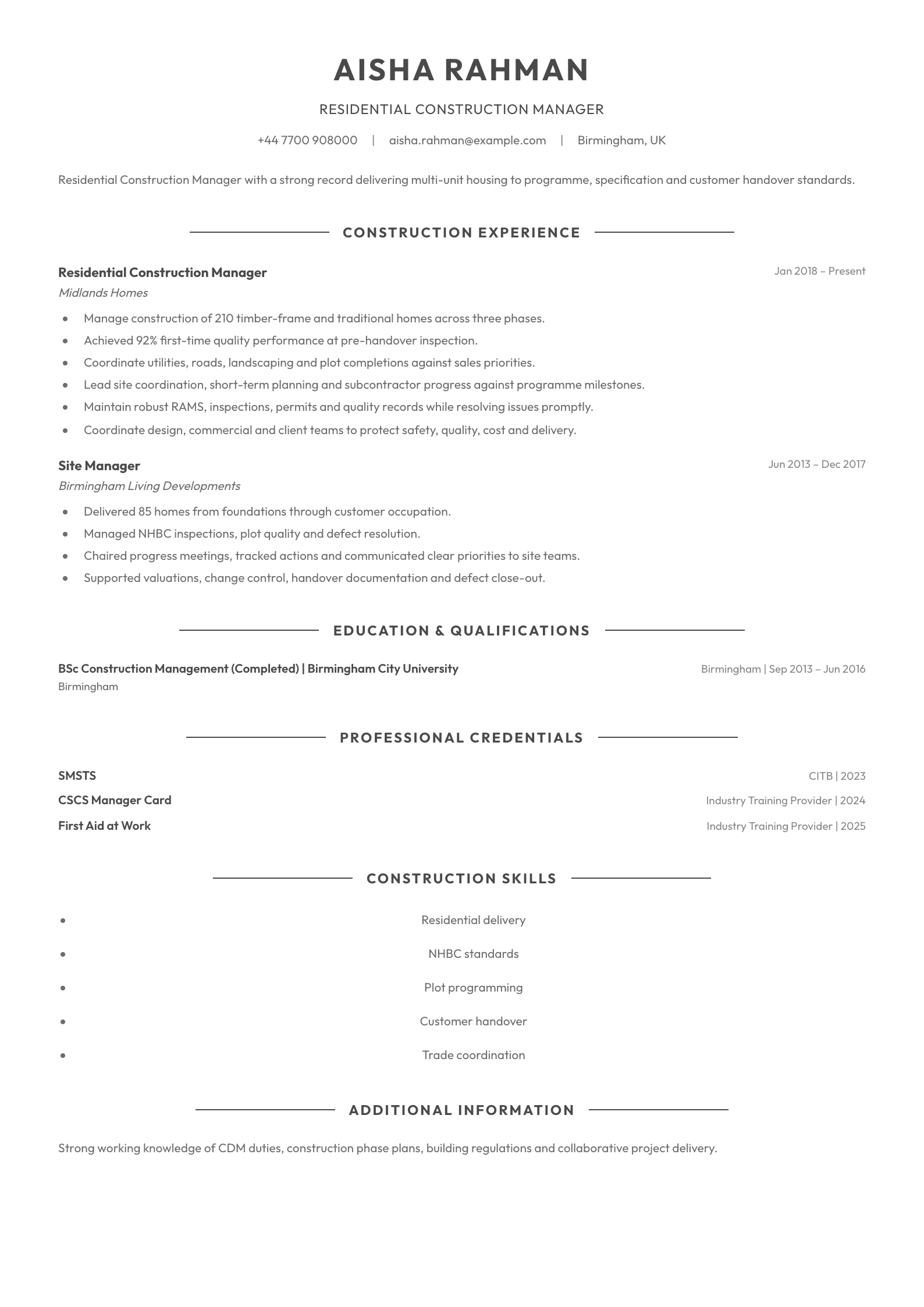 Residential Construction Manager CV template