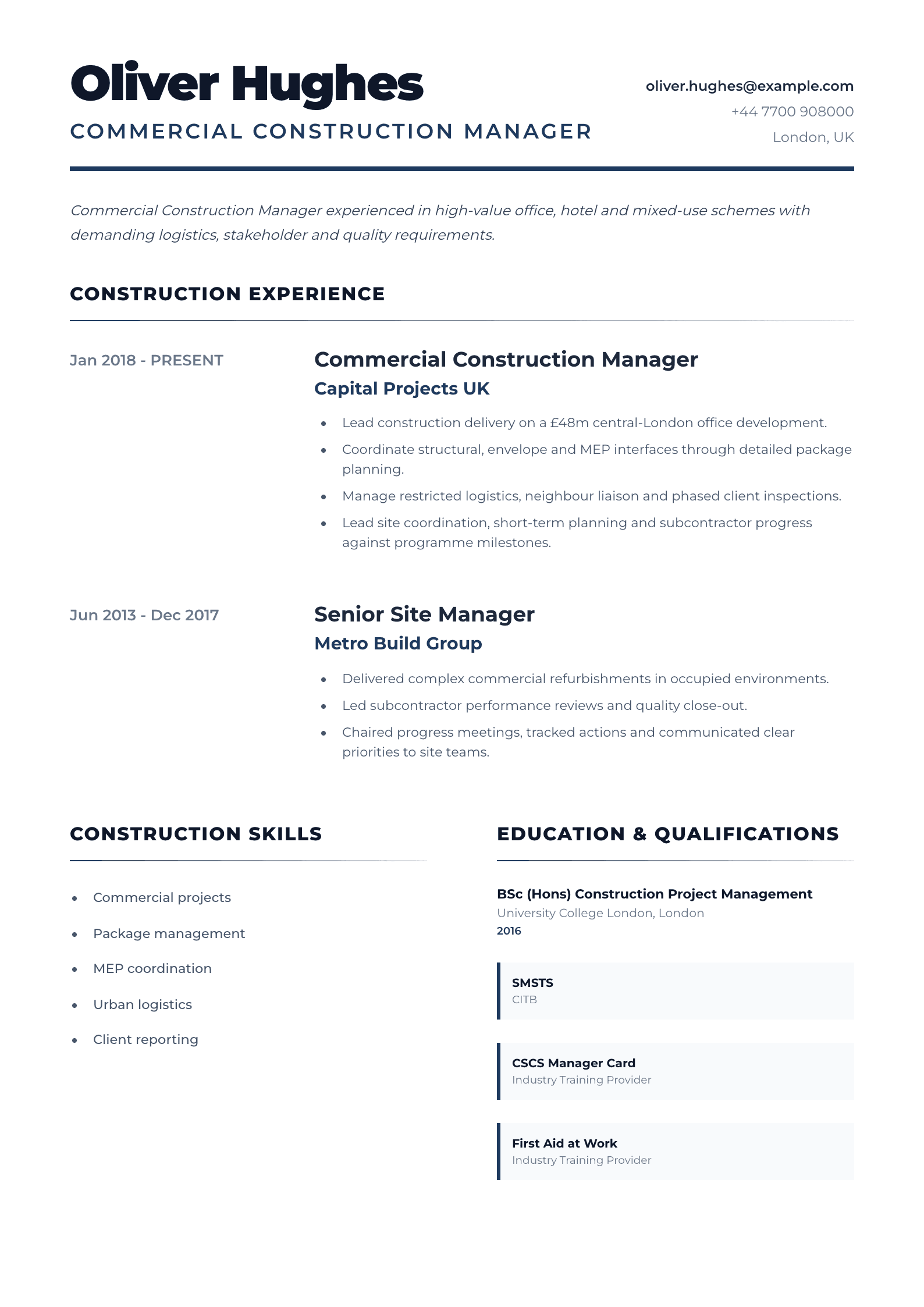 Commercial Construction Manager CV template