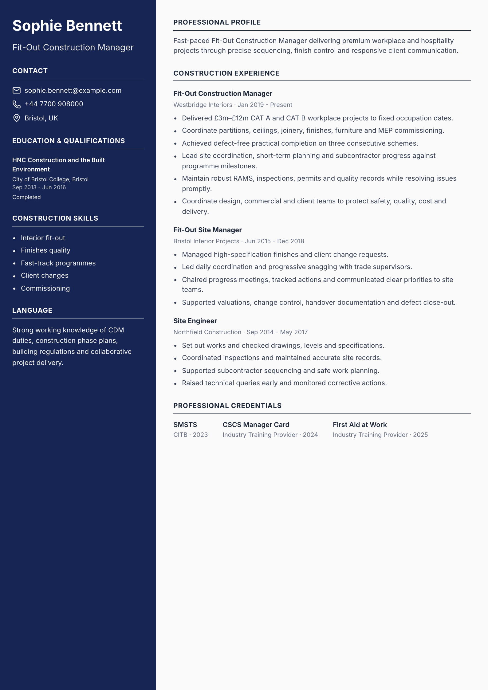 Fit-Out Construction Manager CV template