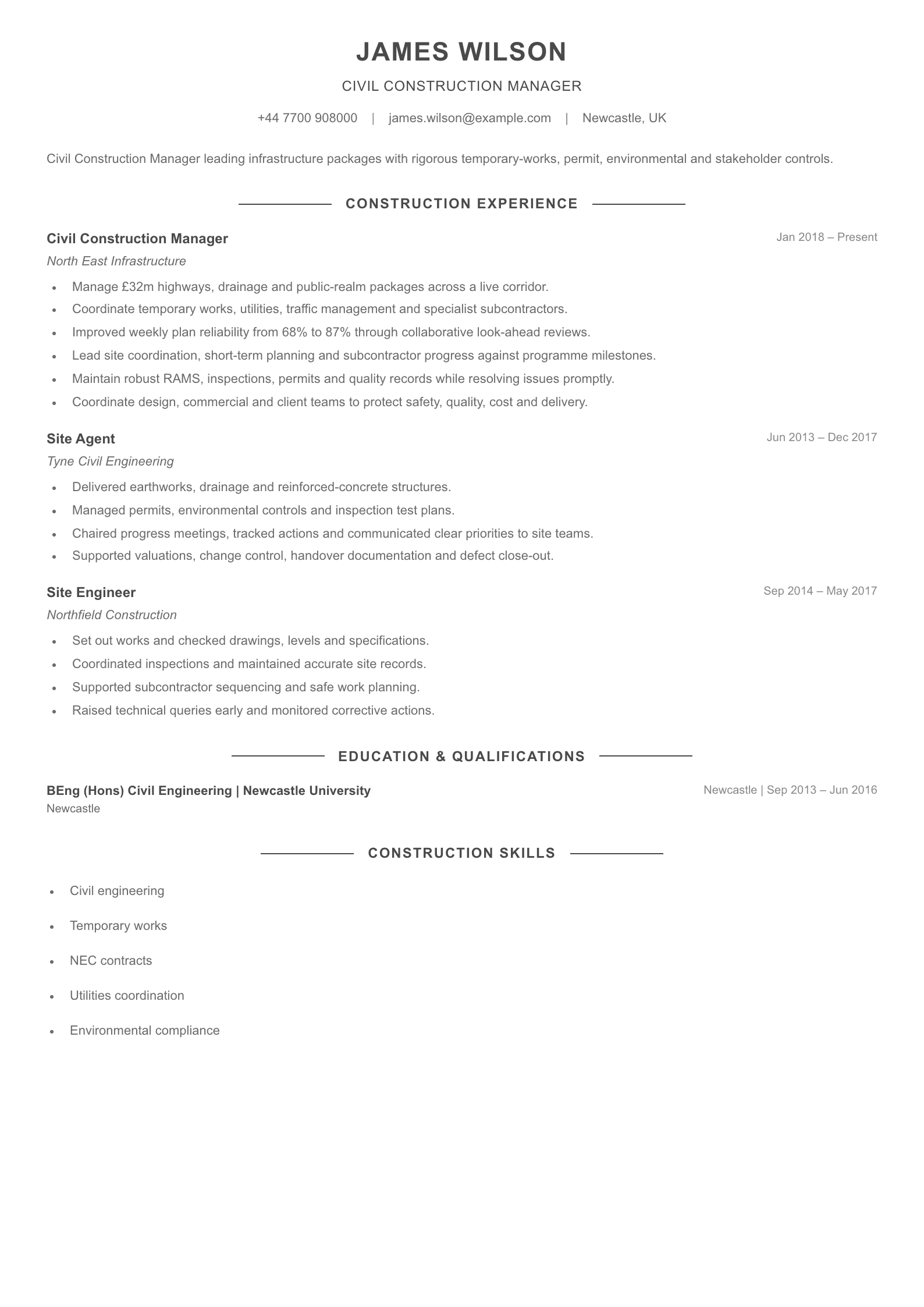 Civil Construction Manager CV template