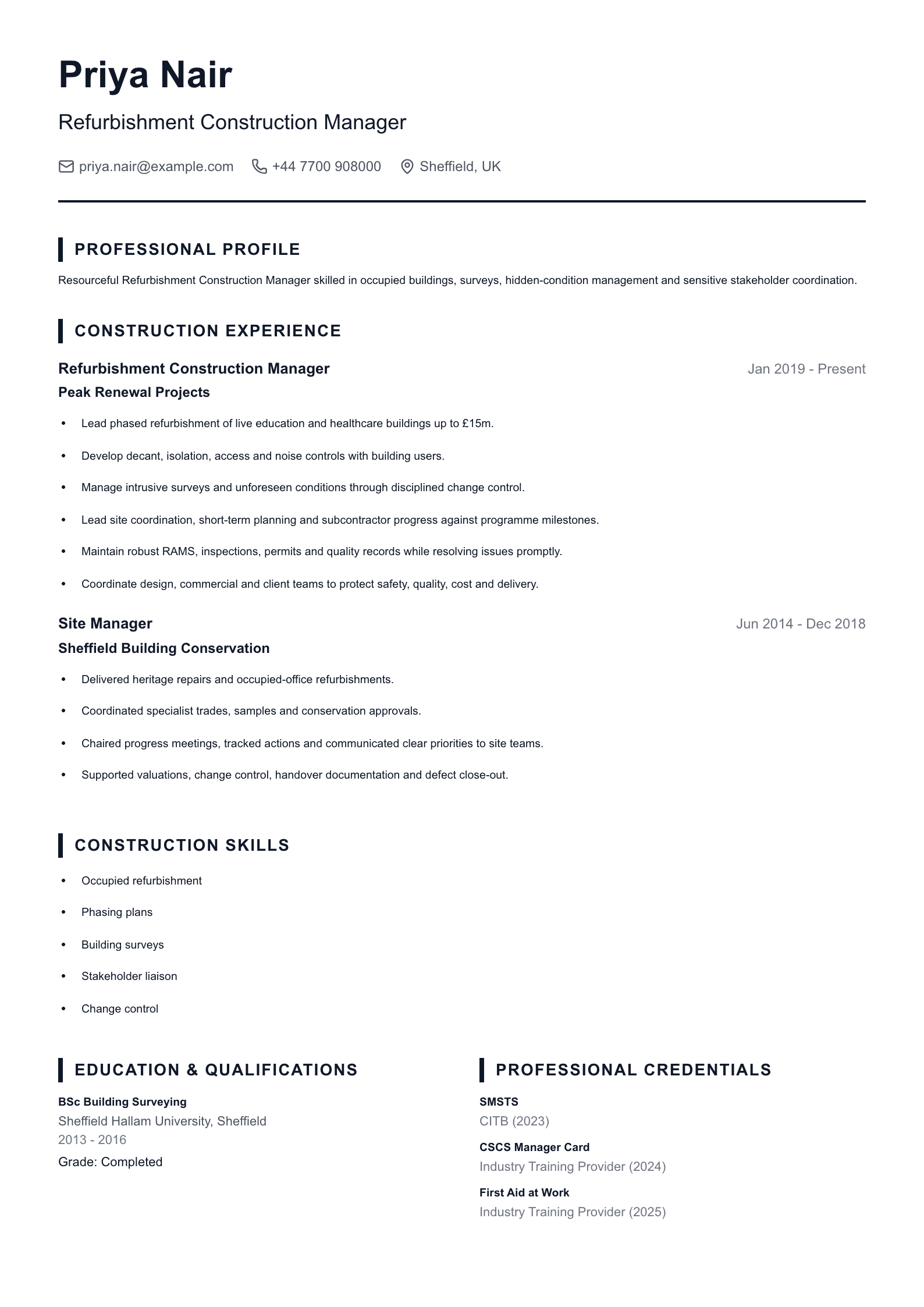 Refurbishment Construction Manager CV template