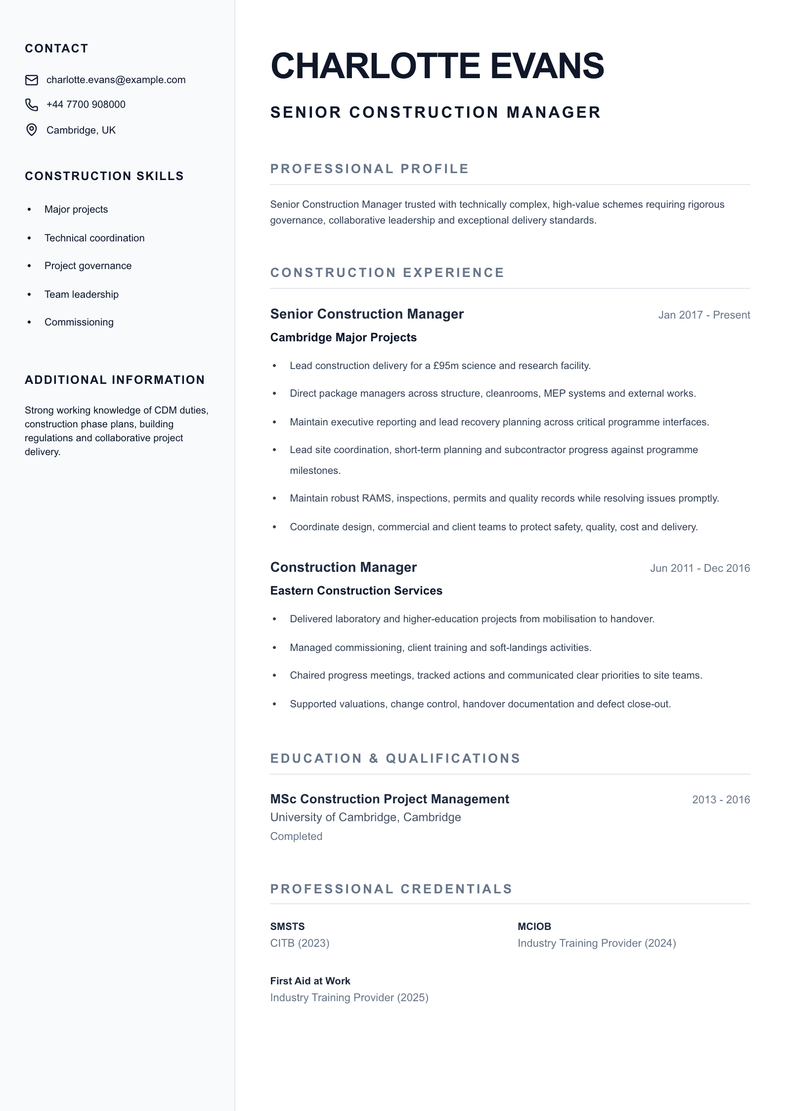 Senior Construction Manager CV template