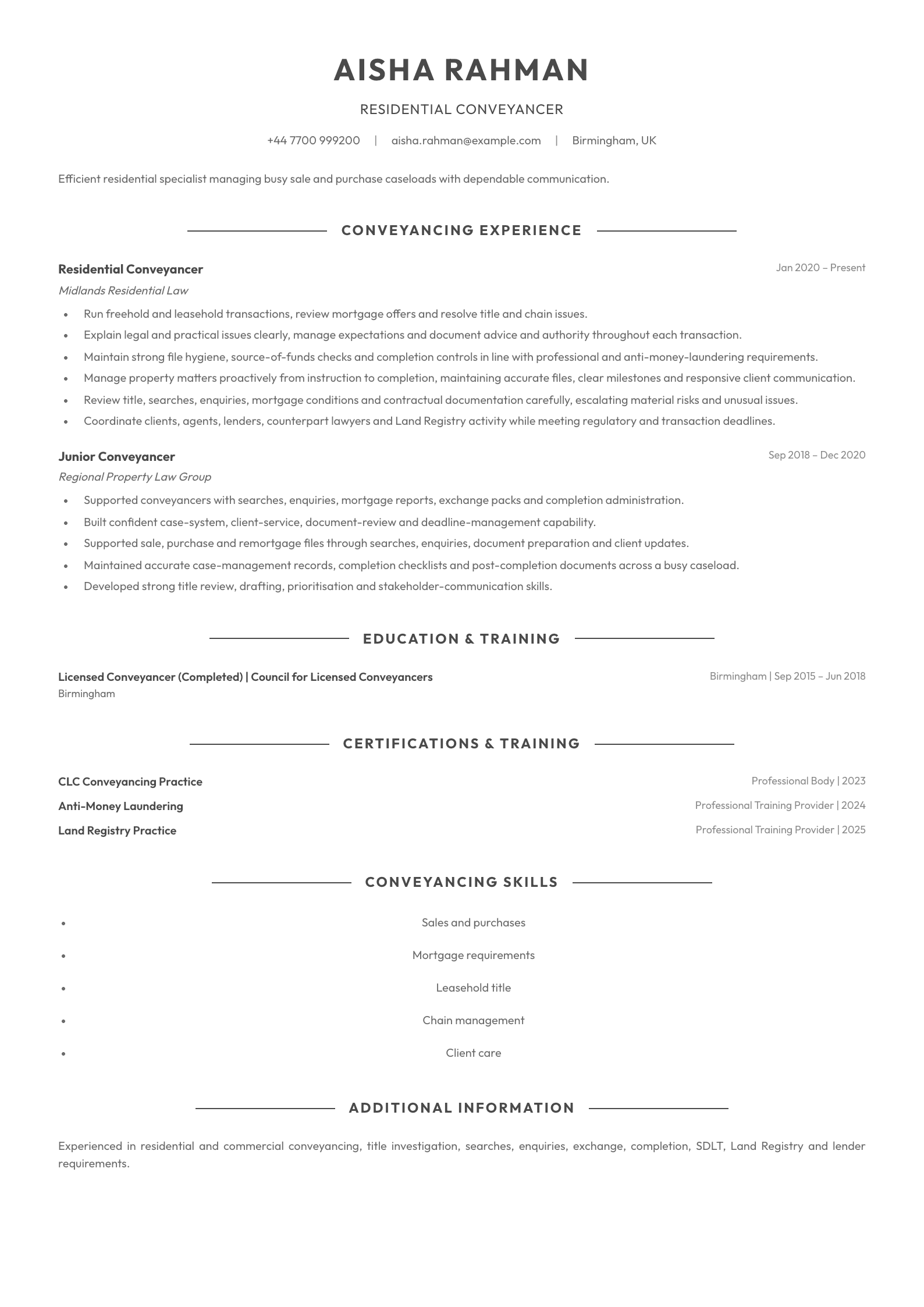 Residential Conveyancer CV template