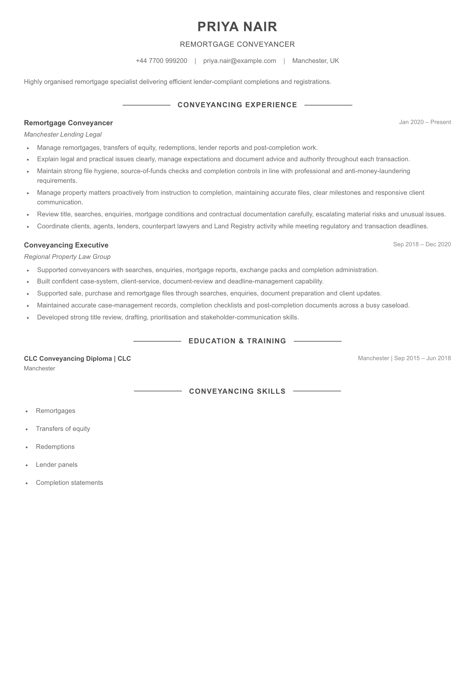 Remortgage Conveyancer CV template