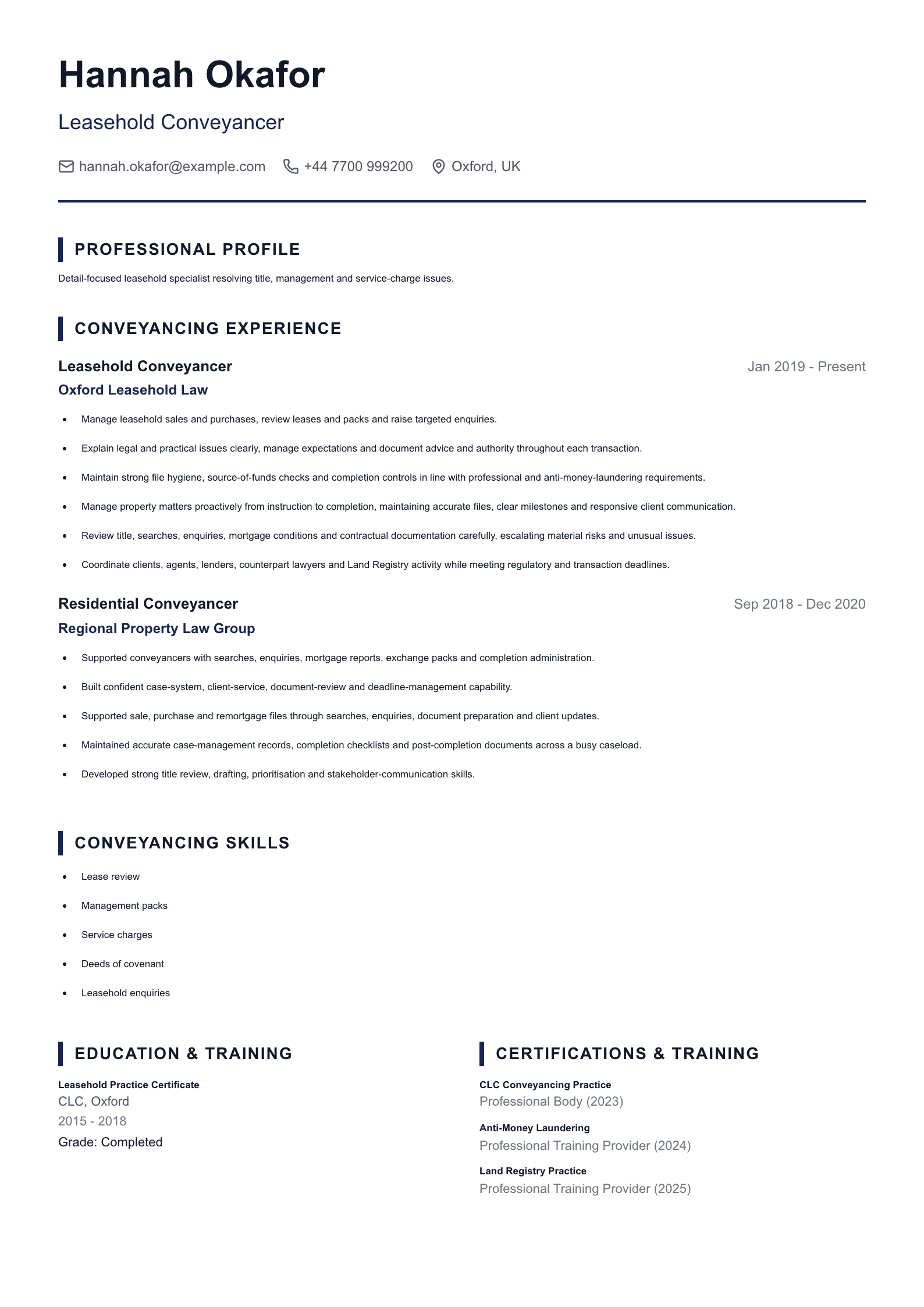 Leasehold Conveyancer CV template