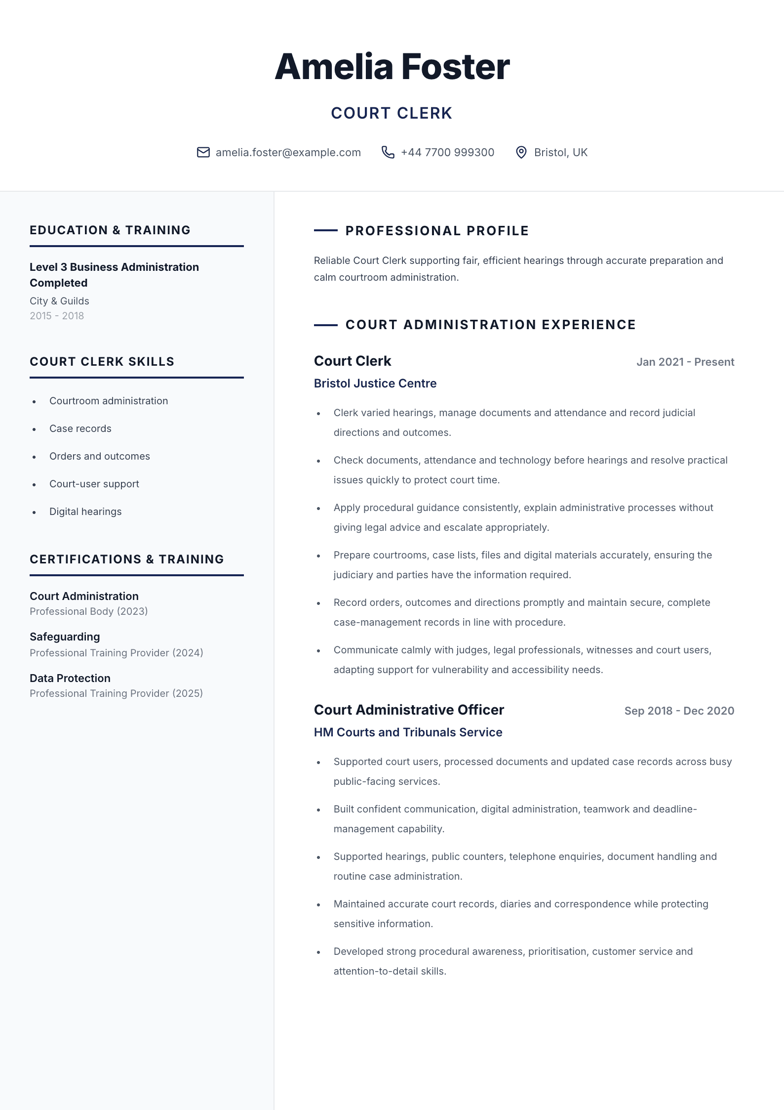 Court clerk CV