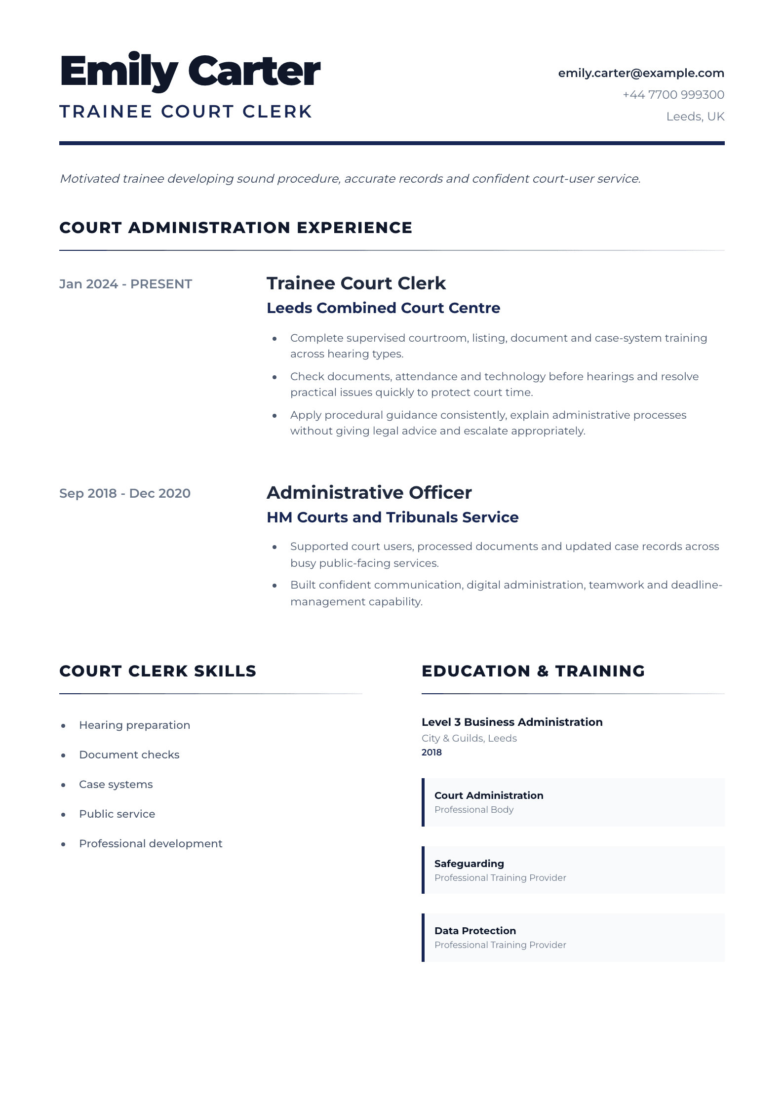 Trainee Court Clerk CV template