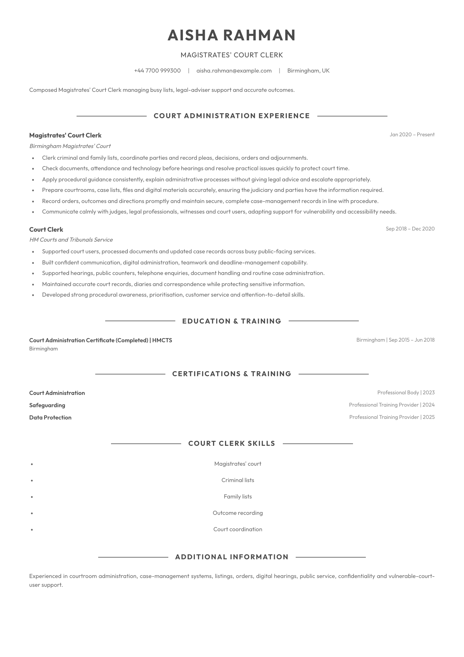 Magistrates' Court Clerk CV template