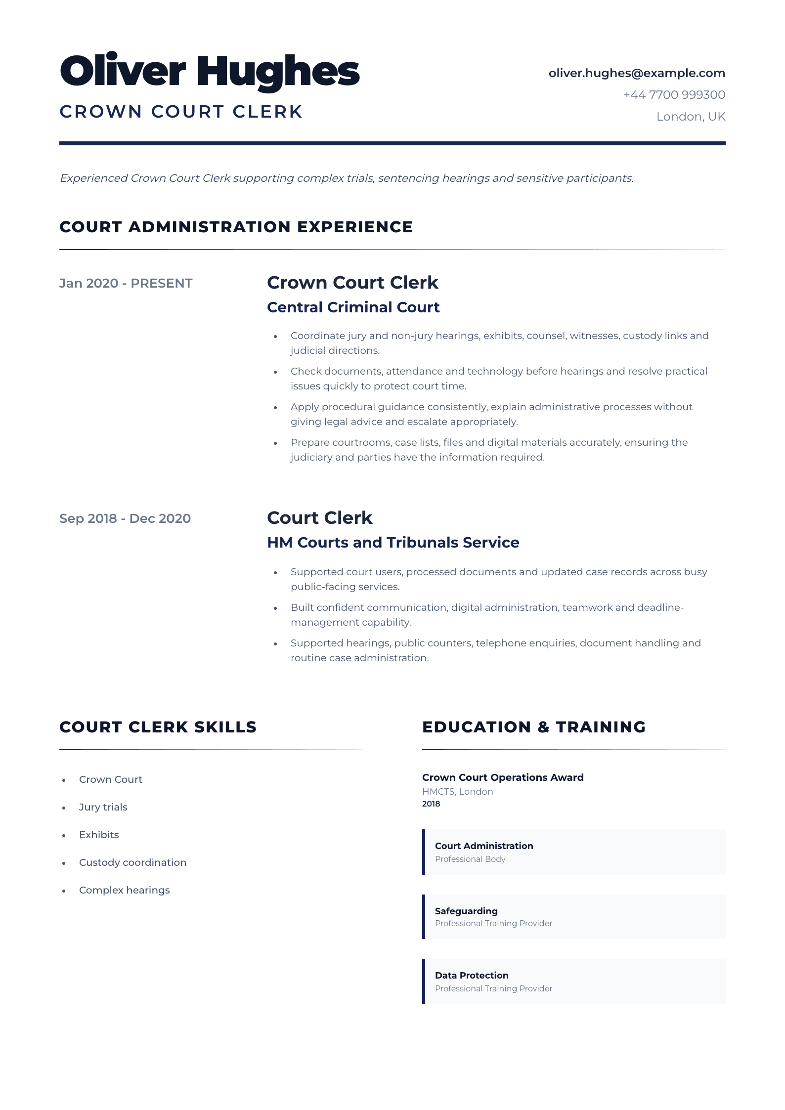 Crown Court Clerk CV template