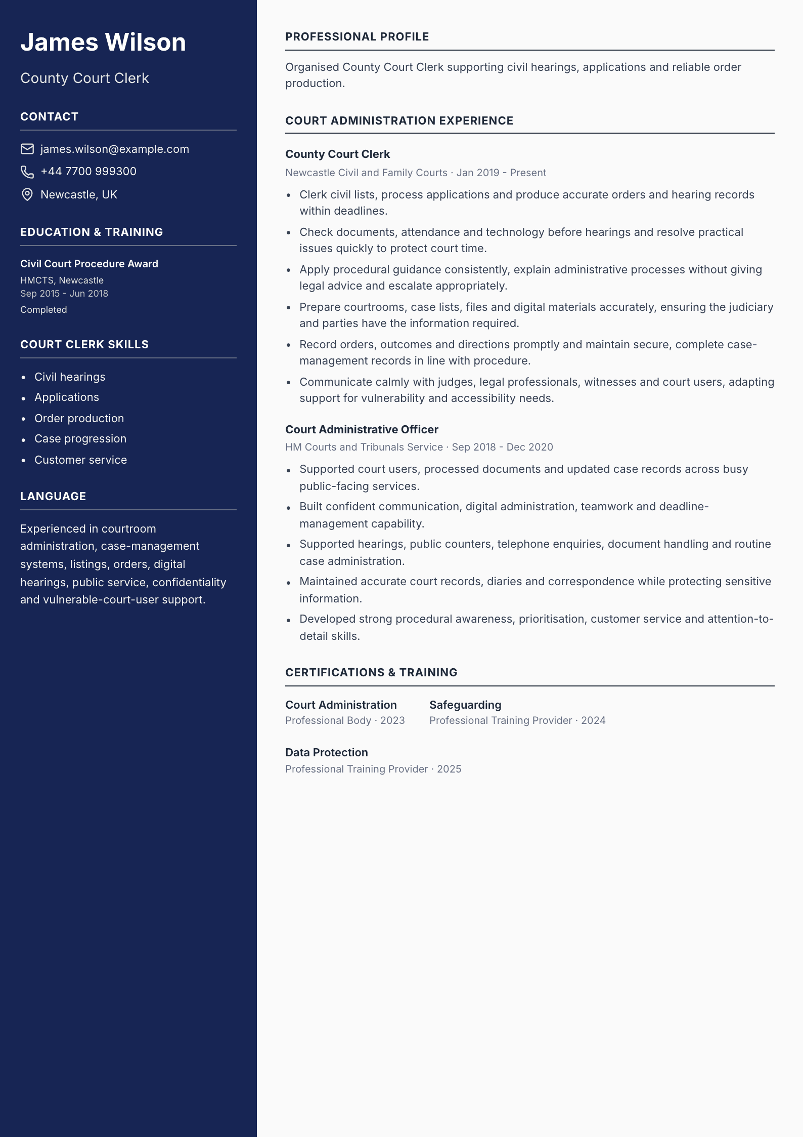 County Court Clerk CV template