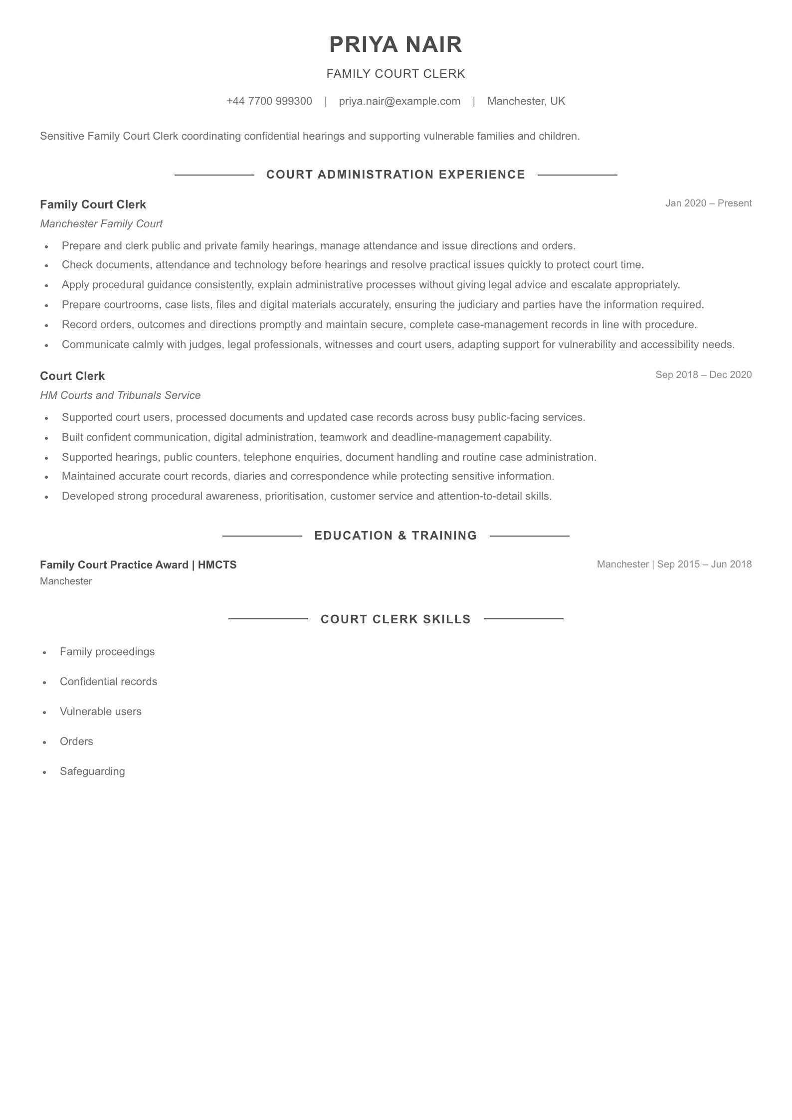 Family Court Clerk CV template