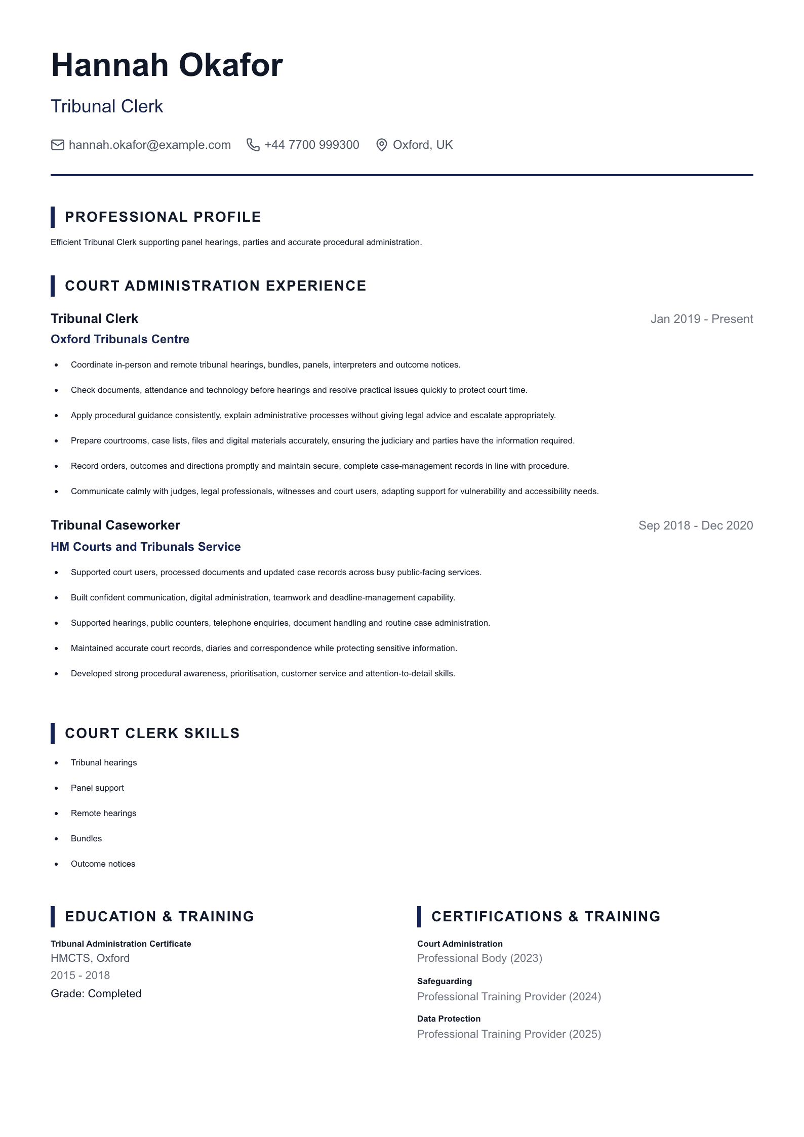 Tribunal Clerk CV template