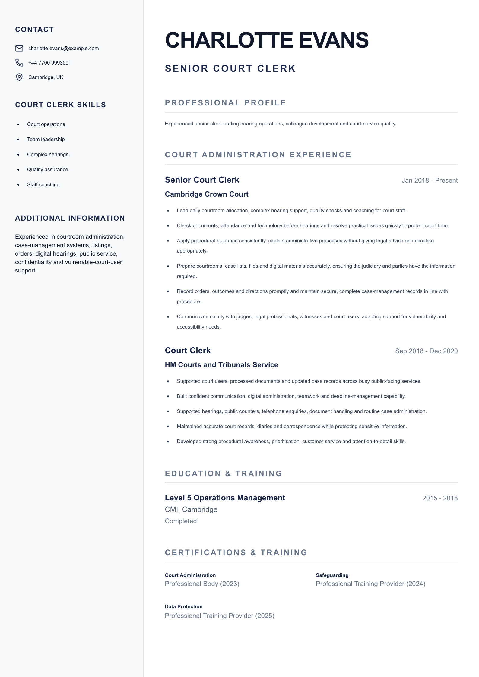 Senior Court Clerk CV template