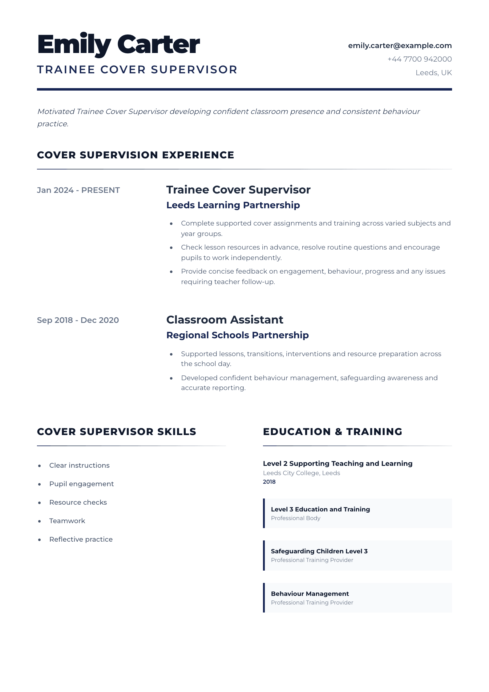 Trainee Cover Supervisor CV template