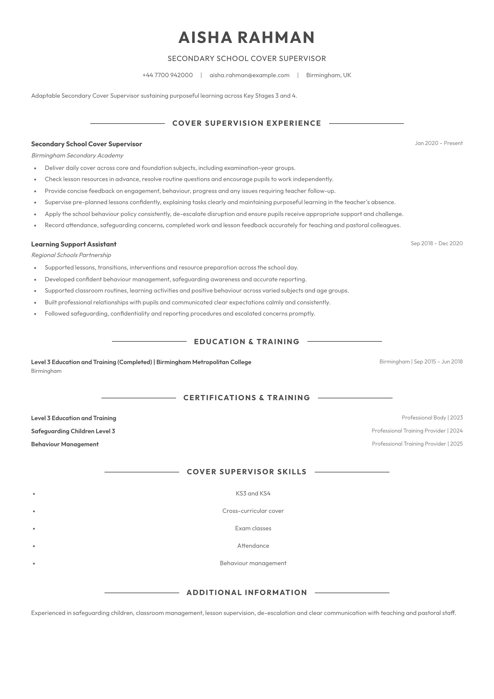 Secondary School Cover Supervisor CV template