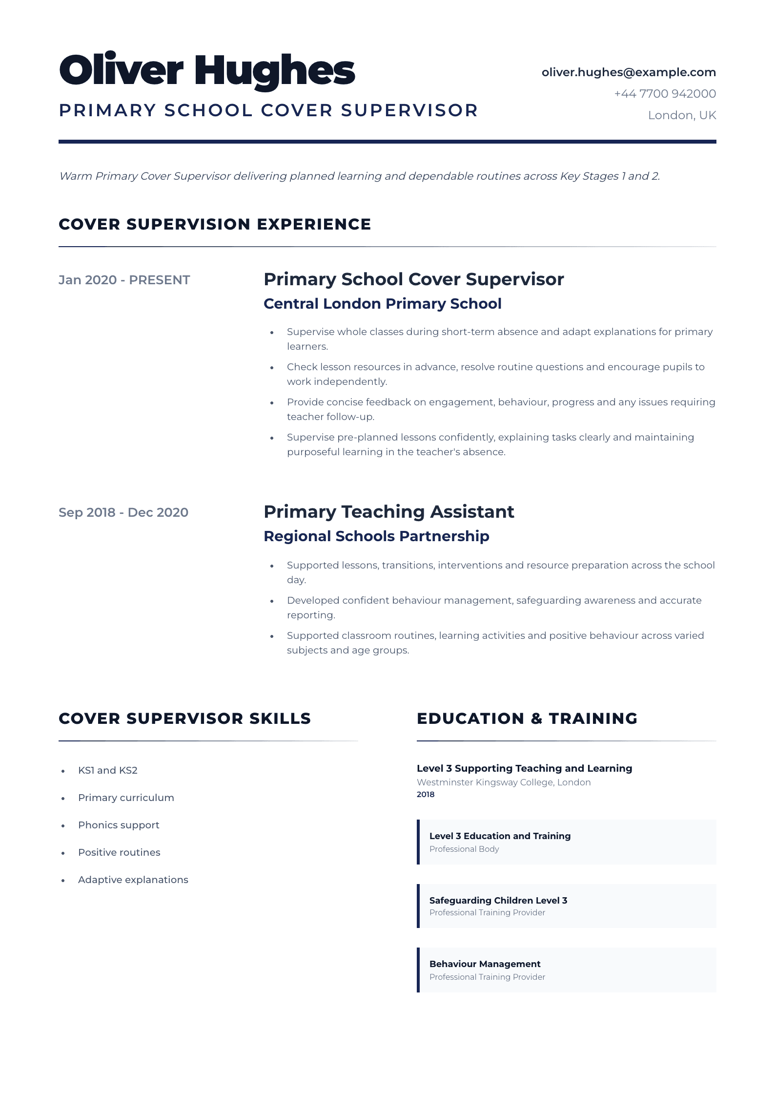 Primary School Cover Supervisor CV template