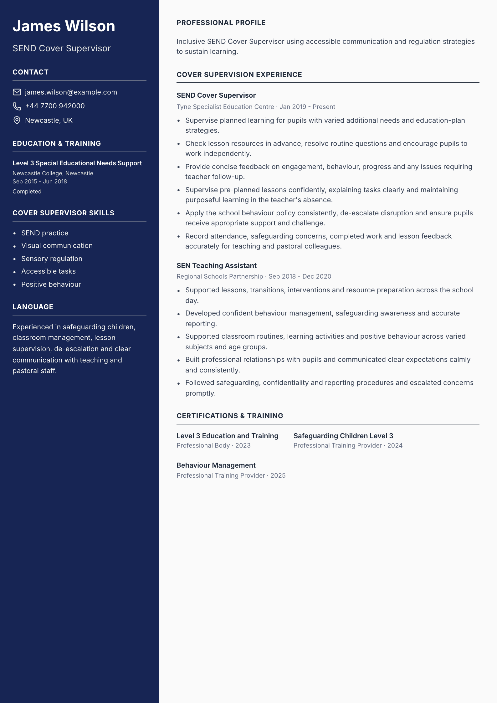 SEND Cover Supervisor CV template