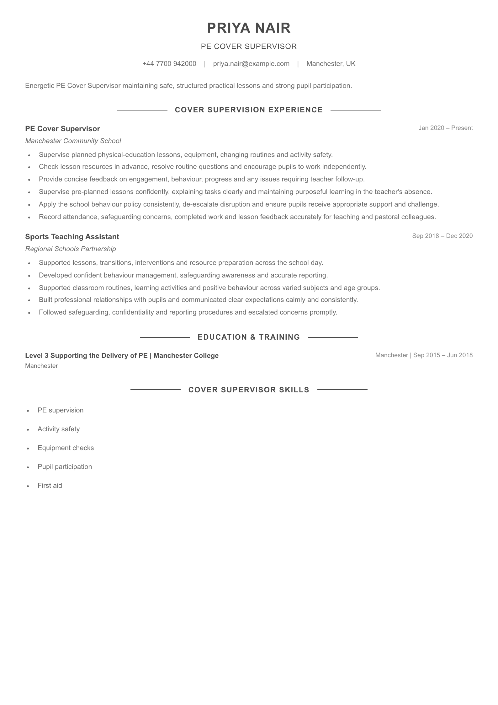 PE Cover Supervisor CV template