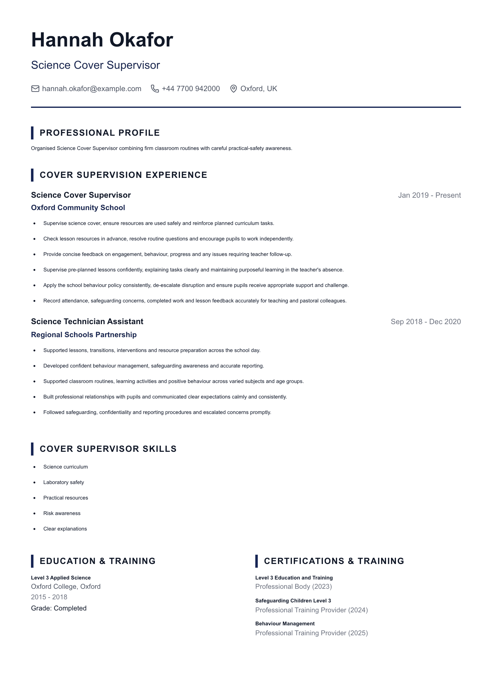 Science Cover Supervisor CV template