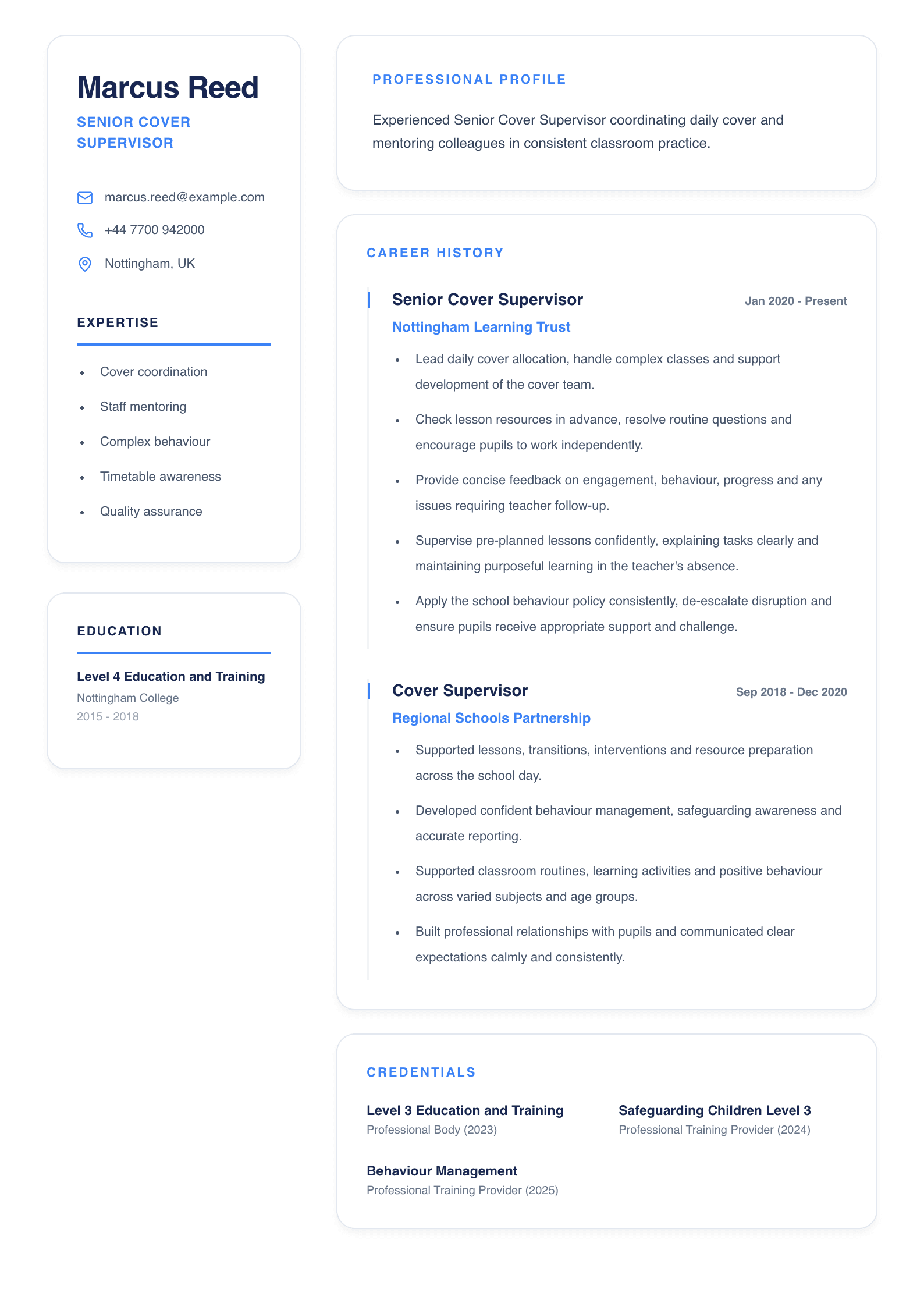Senior Cover Supervisor CV template