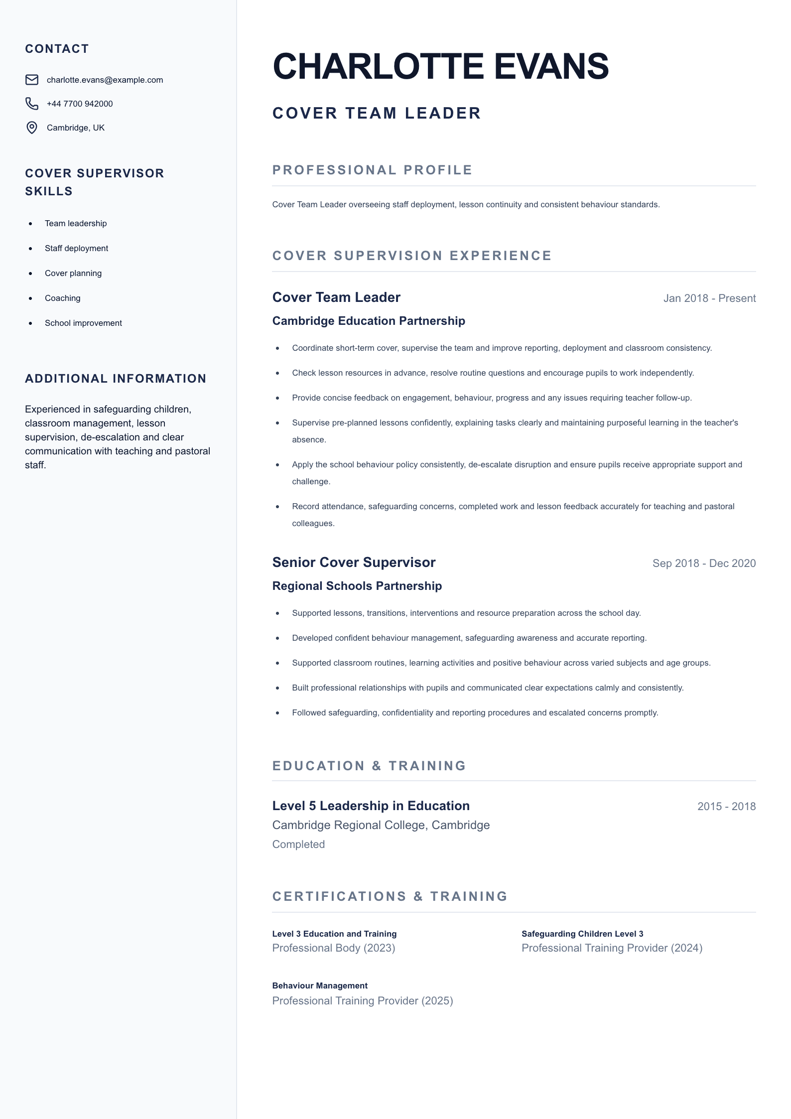 Cover Team Leader CV template