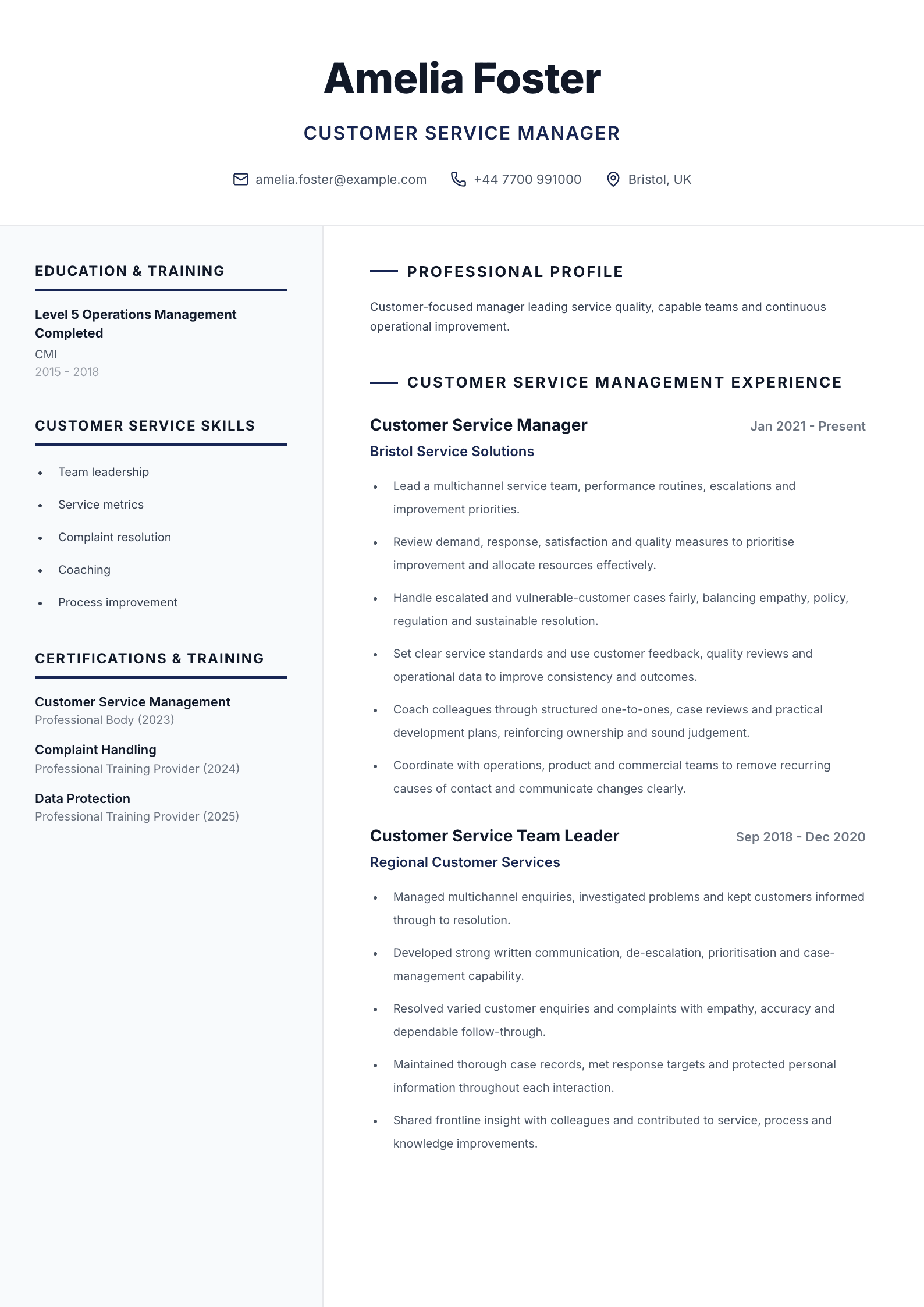 Customer service manager CV