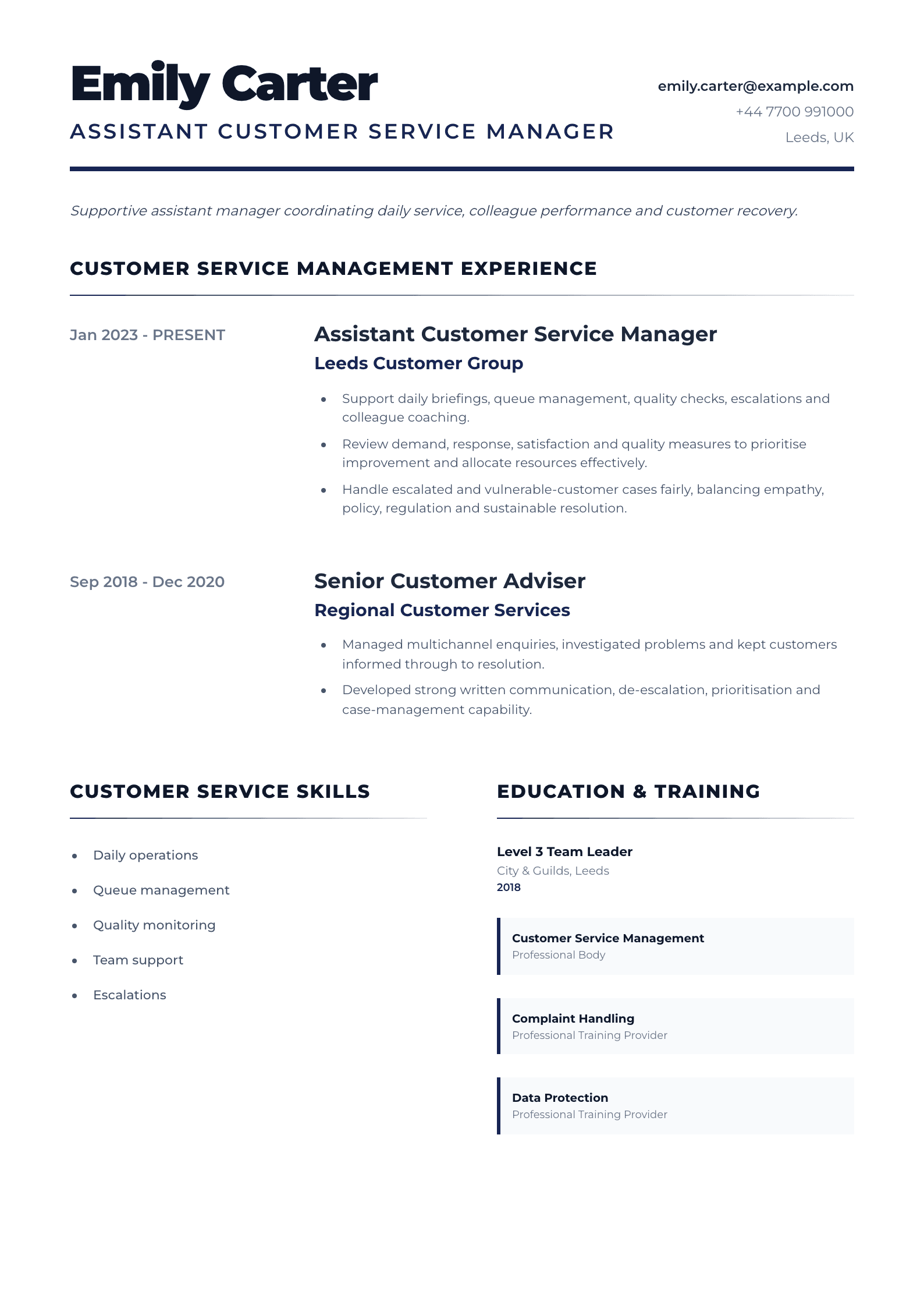 Assistant Customer Service Manager CV template