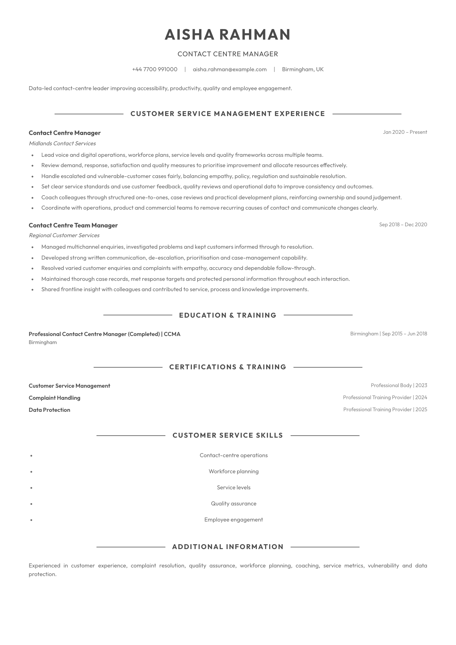 Contact Centre Manager CV template