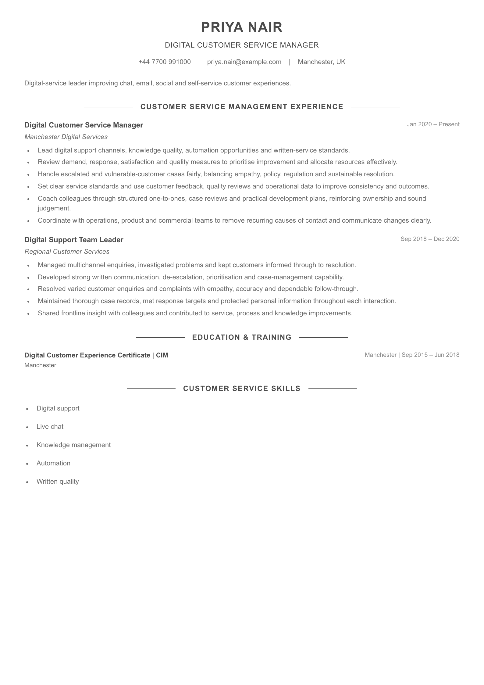 Digital Customer Service Manager CV template