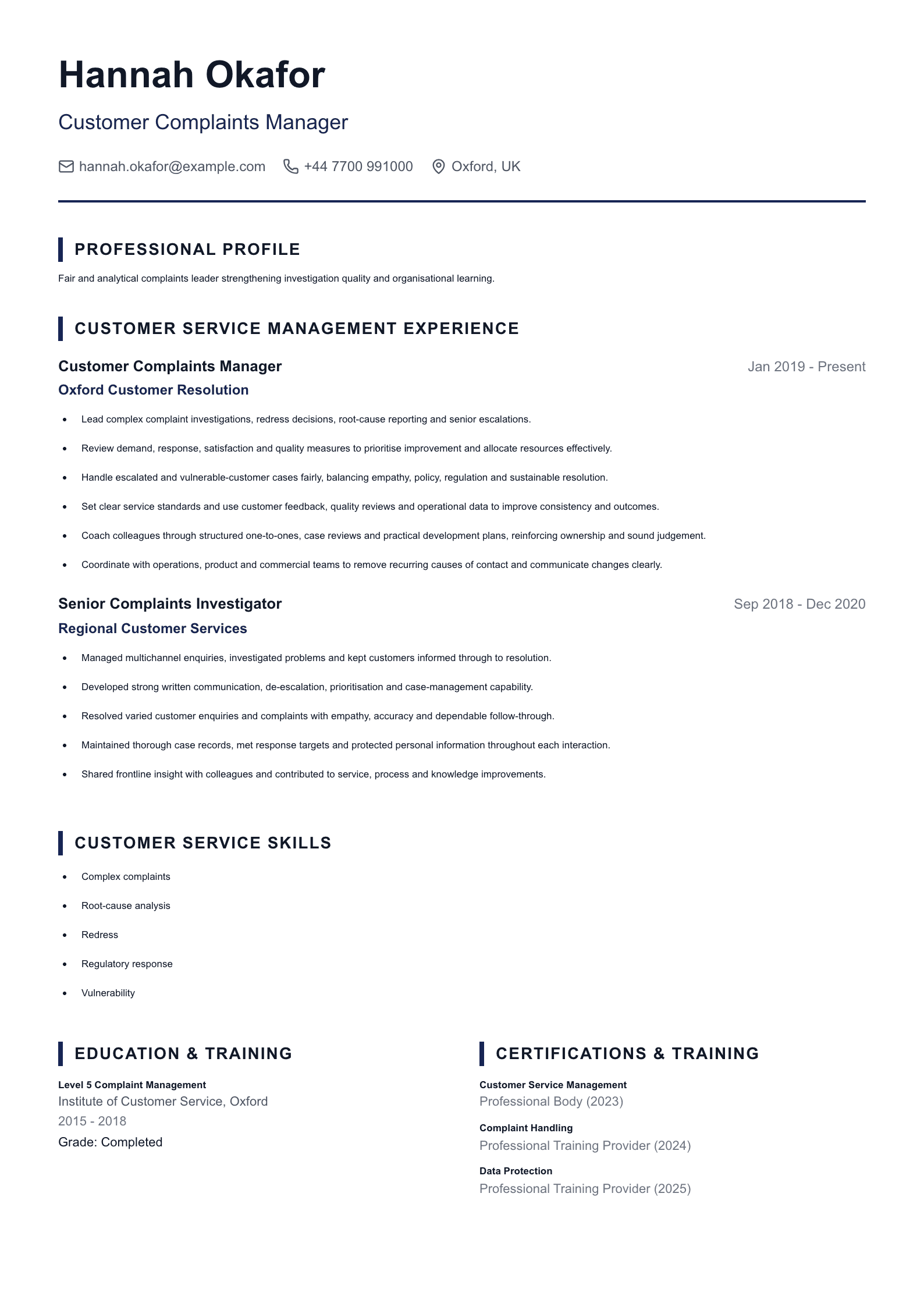 Customer Complaints Manager CV template